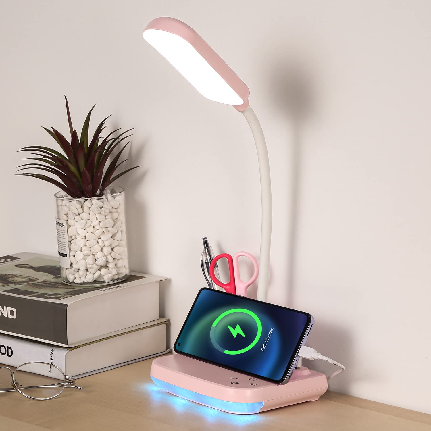 CELYST 5-in-1 LED Rechargeable Desk Lamp with USB Port, Pen Holder & Night Light - Portable Study Light for Home Office, College Dorm, Kids Room | Perfect for Reading, Working & Nighttime Use (Pink)