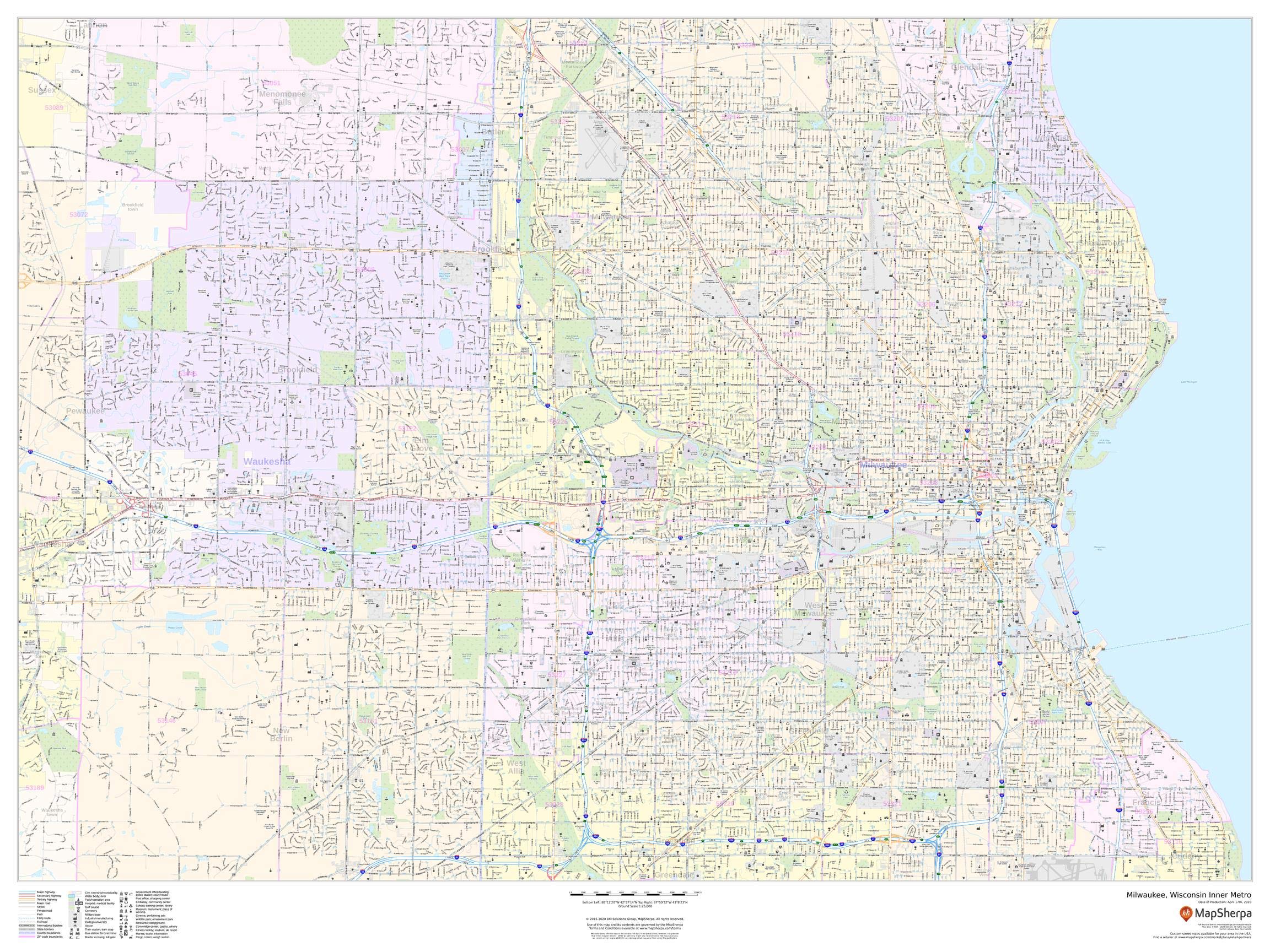 Milwaukee Wisconsin Inner Metro Landscape Wall Map - 48