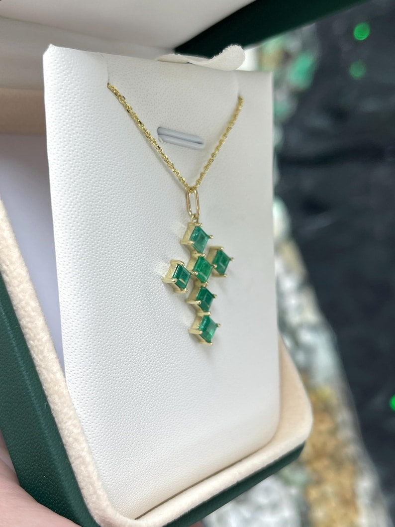 1.0tcw 14K Gold Natural Princess Cut Emerald Medium Green Religious Cross Pendant Necklace for Women - Perfect for Church, Baptism, Weddings & Everyday Faith Jewelry