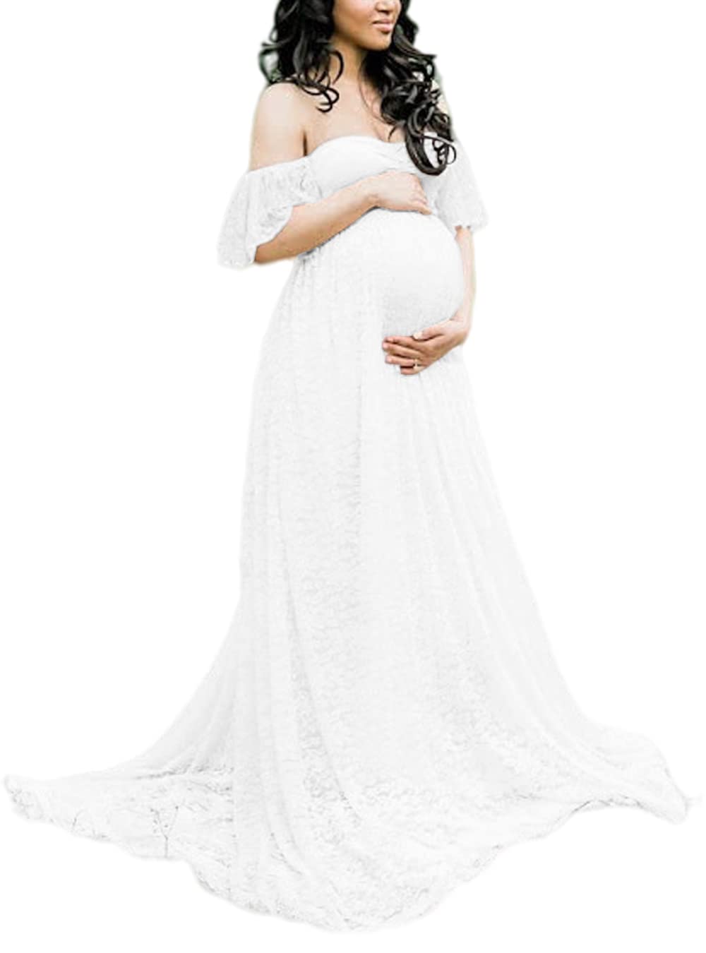 ZIUMUDY Off Shoulder Lace Maternity Dress for Pregnancy Photoshoot, Baby Shower & Wedding - Elegant Flowy Pregnant Gown for Special Occasions