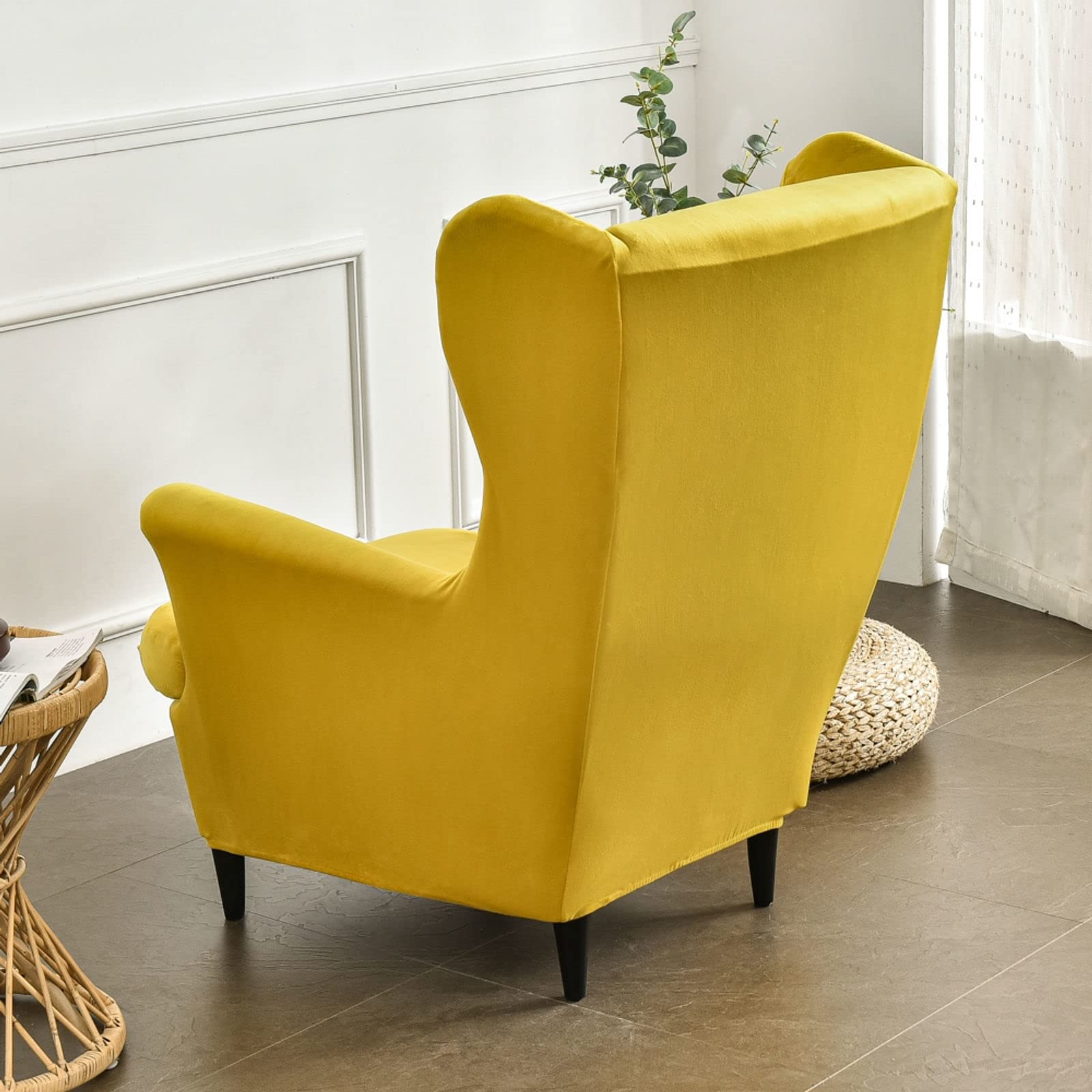 2-Piece Velvet Wingback Chair Slipcover - Stretch Elastic Armchair Cover, Soft Machine Washable Sofa Protector for Living Room, Bedroom, Office (Yellow) | Wing Chair Covers for Home Decor & Furniture Protection
