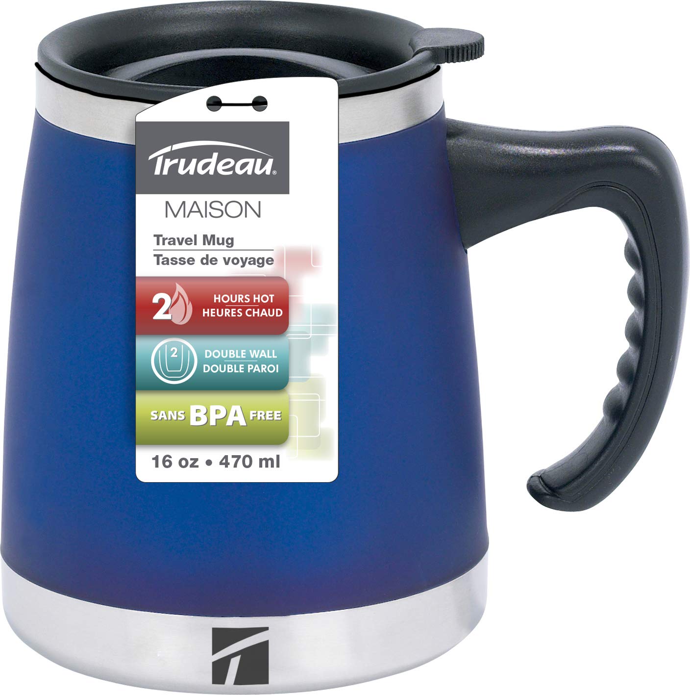 Trudeau Maison Umbria 15 oz Stainless Steel Insulated Desk Mug - Keeps Drinks Hot/Cold - Perfect for Office, Home & Travel - Blue