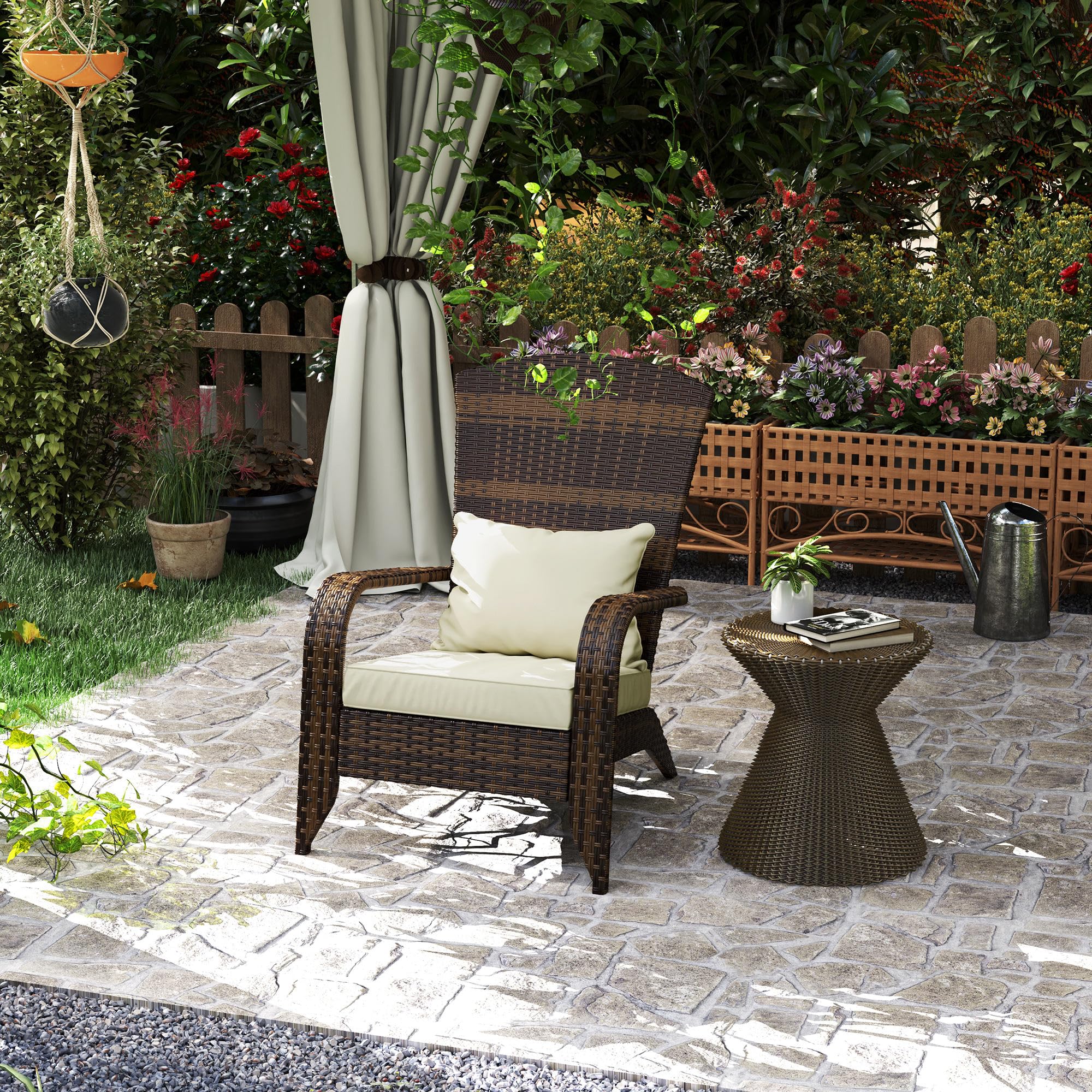 Outsunny All-Weather Wicker Adirondack Chair with Cushions - Patio Fire Pit Lounge Chair with Curved Backrest & Armrests for Deck, Garden, Backyard - Cream White Outdoor Furniture for Relaxation & Entertaining