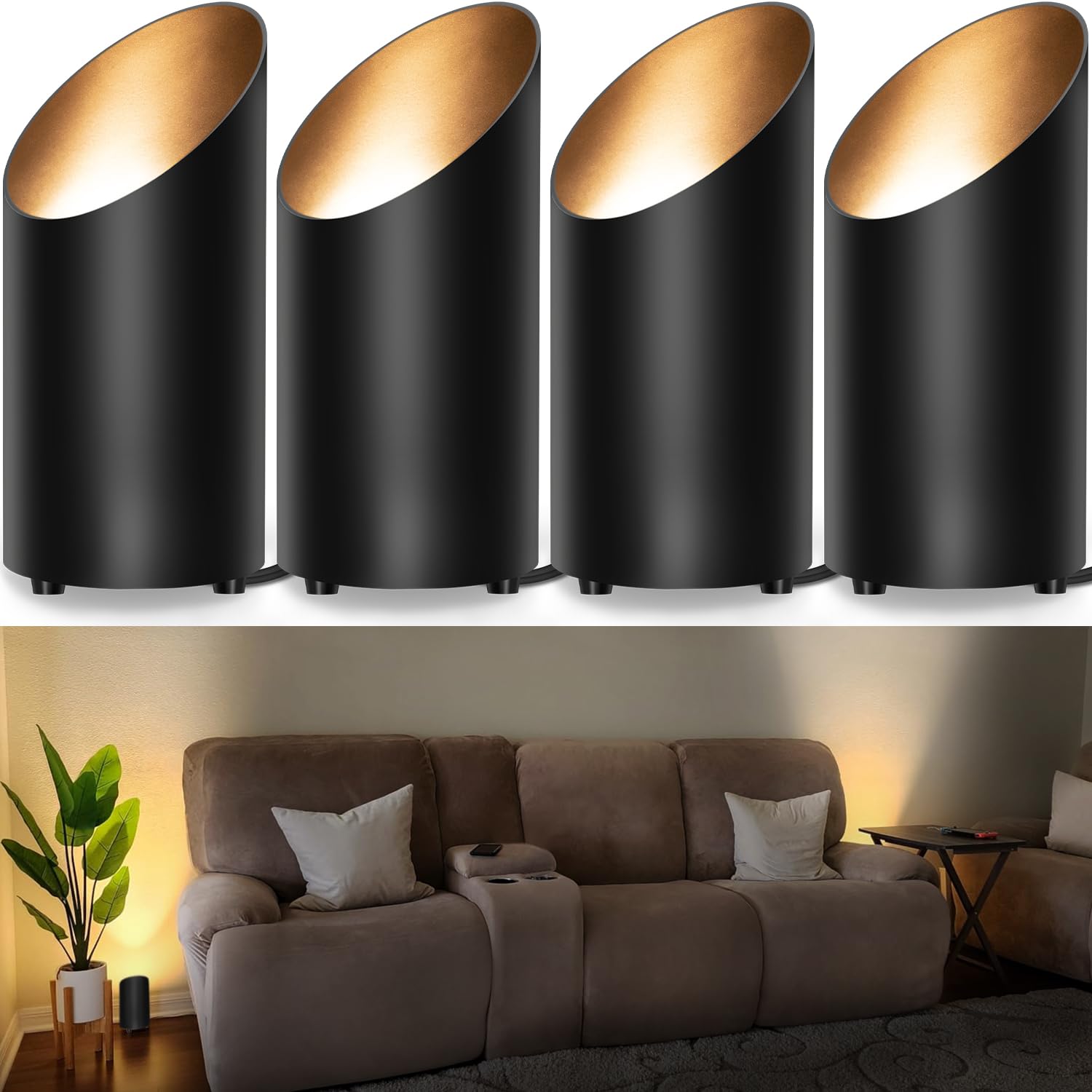 SUNVIE 4 Pack 5W GU10 Uplights - 2700K Warm White Indoor Spot Lights with 5.9ft Cord & Foot Switch for Home Plants, Picture Lighting, Wall Wash & Accent Decor