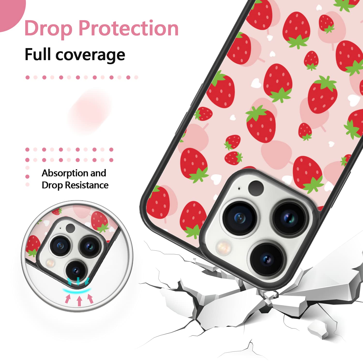 Cute Kawaii Strawberry Phone Case for iPhone 13 Pro - Shockproof Protective Pink Cover for Girls & Women | 6.1 Inch Designer Case for Everyday Use, School & Work