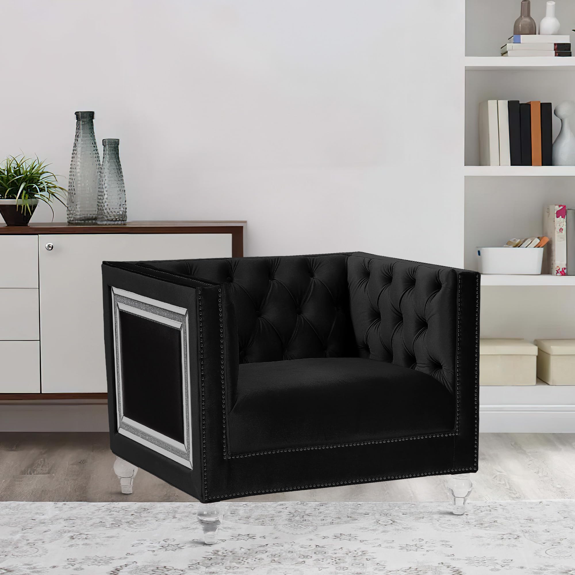 Benjara Black Accent Chair with Shelter Arms & Mirrored Trim - Elegant Living Room Seating for Home Decor & Lounge Areas