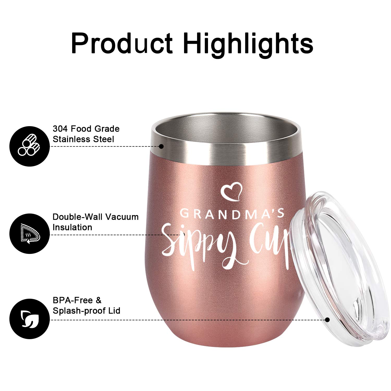 12oz Insulated Stainless Steel Wine Tumbler with Lid & Straw - Rose Gold Grandma's Sippy Cup - Perfect Birthday & Mother's Day Gift for Grandmother, Nana - Great for Wine Tasting, Picnics & Relaxing at Home