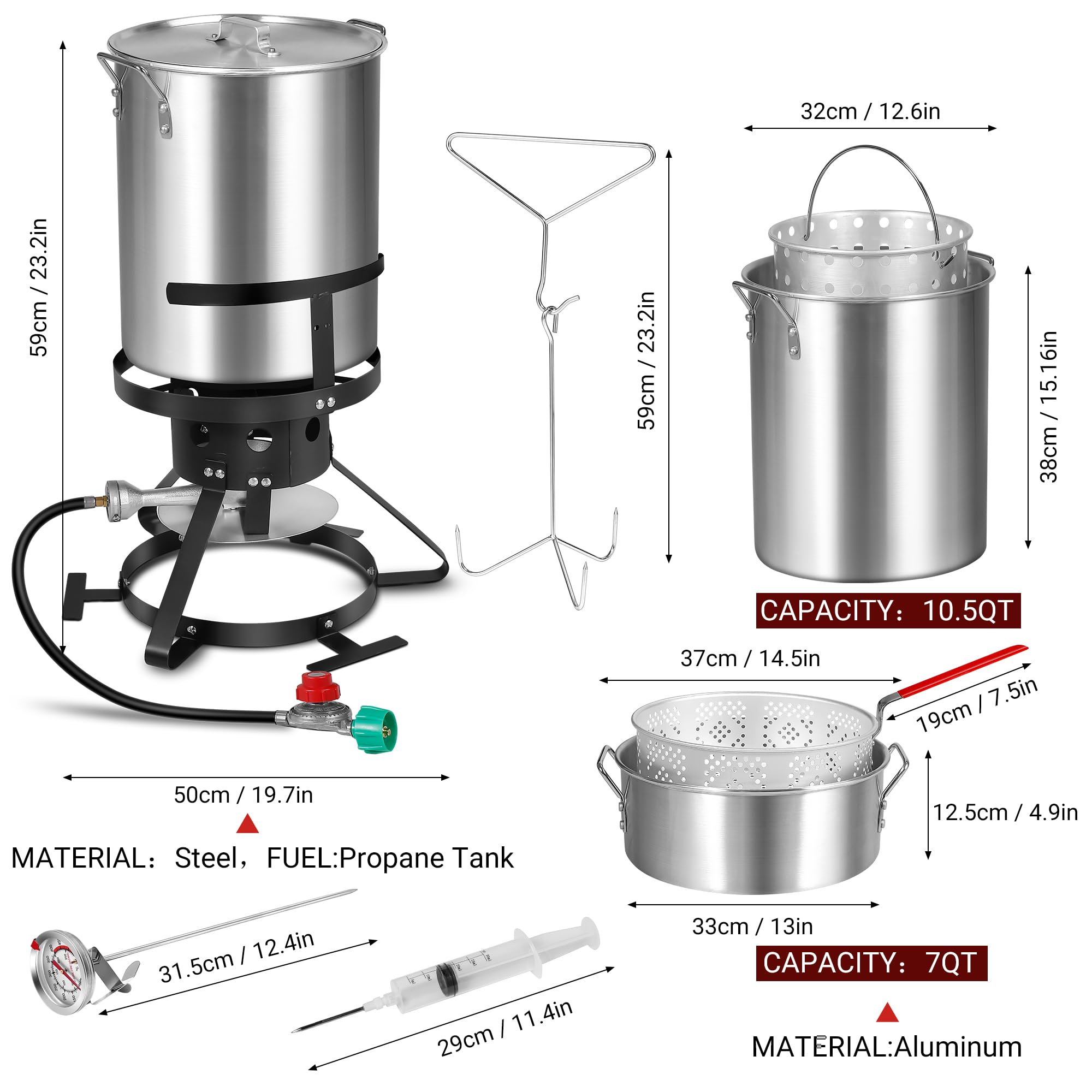 Outdoor Propane Fryer Pot Set - 10QT & 30QT Combo in Silver - Perfect for Camping, Backyard BBQs, and Tailgating Parties