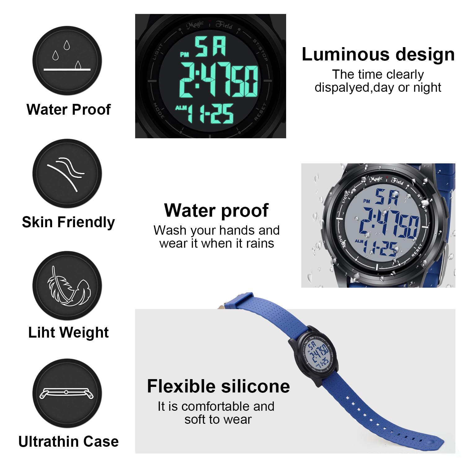 ManChDa Digital Sports Watch for Women & Men - Waterproof, Blue Rubber Strap with White Dial - Perfect for Running, Swimming & Outdoor Activities
