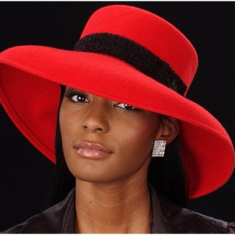 FW1115 Red Felt Hat with Black Trim and Small Bow - Elegant Winter Accessory for Women, Parties, and Holiday Events