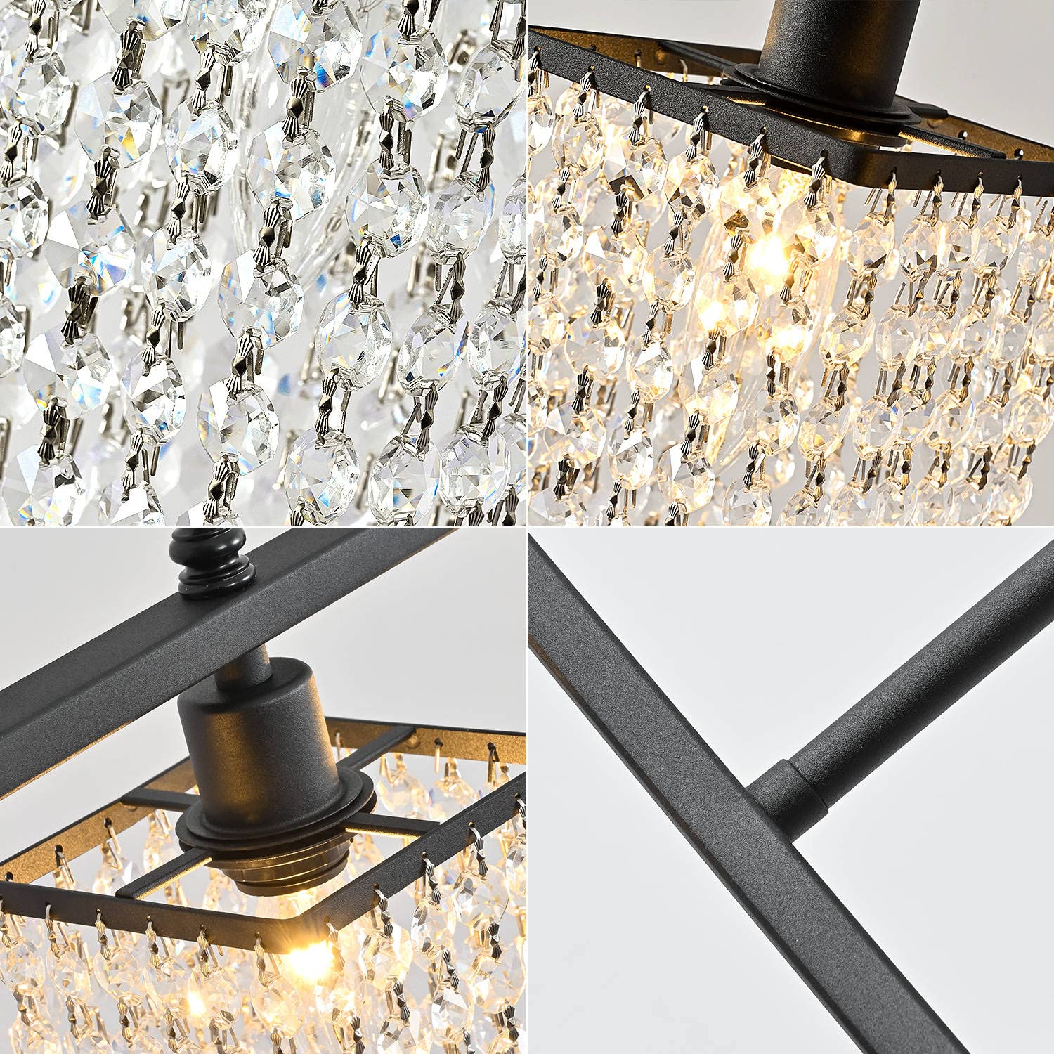 Modern Farmhouse Black Metal Linear Crystal Chandelier - 5-Light Adjustable Pendant Lighting for Kitchen Island & Dining Room Table | Elegant Dining, Kitchen Decor, Farmhouse Lighting