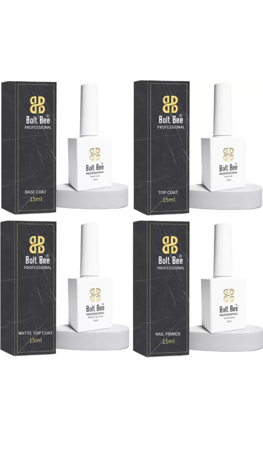 BOLT BEE UV Nail Lamp Kit - 4 Pack Matte & Gloss Finish Top Coat, Base Coat & Nail Primer (15ml Each) for Professional Nail Art | Perfect for Home Manicures & Salon Nail Extensions