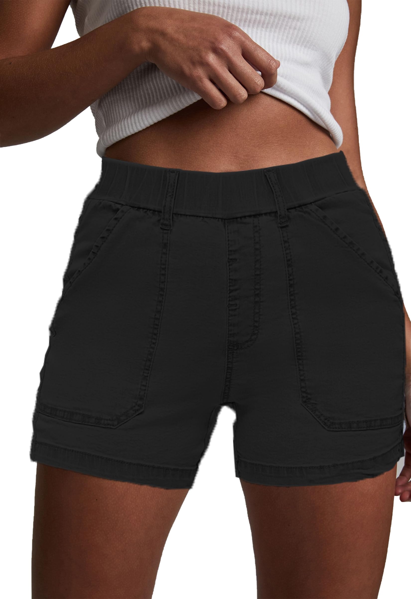 Women's High Waisted Stretchy Denim Shorts - Summer Cotton Pull-On Jean Shorts with Elastic Waist & Pockets - Casual Beachwear, Street Style, and Everyday Comfort