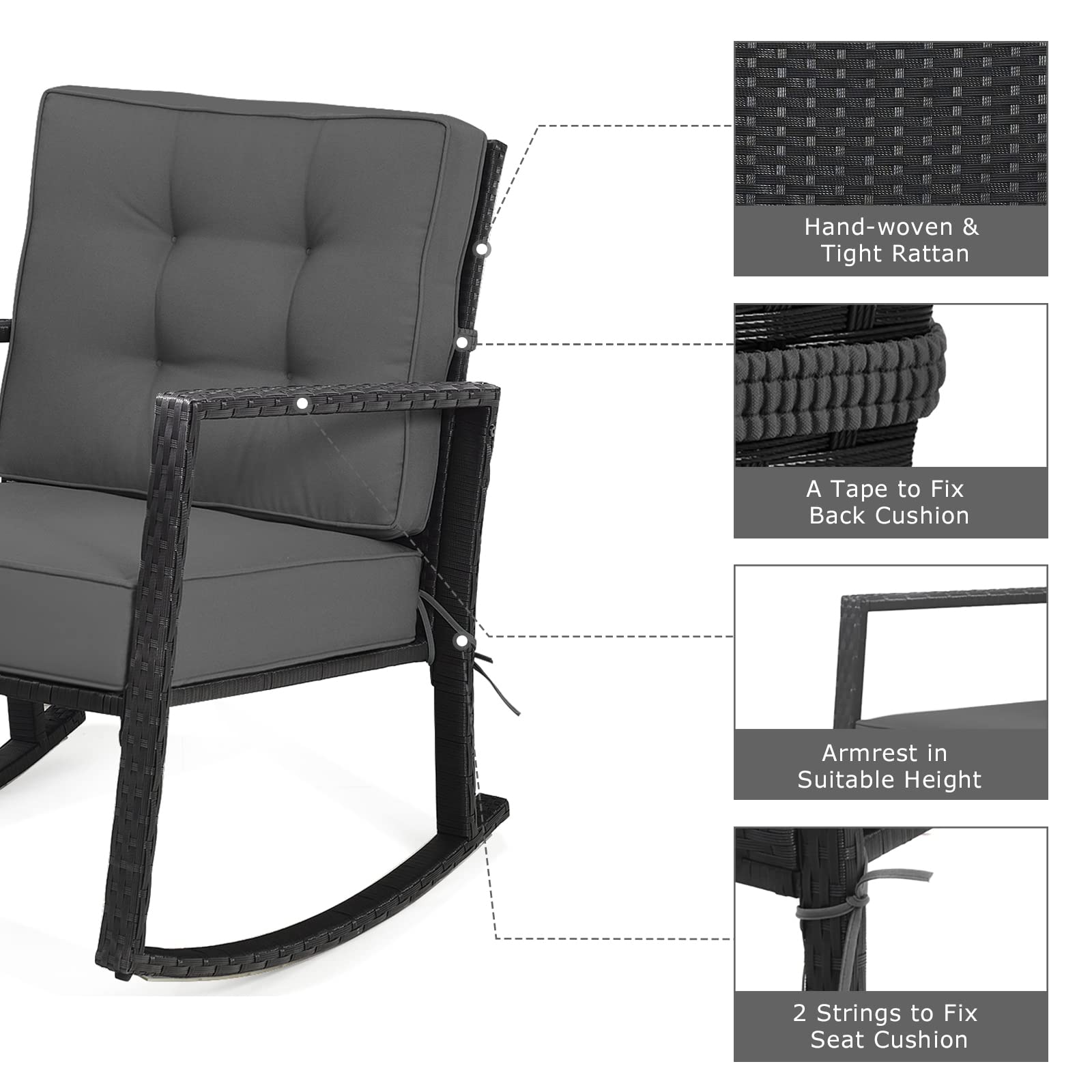 Hysache Patio Rocking Chair - Rattan Wicker Rocking Armchair with Thick Cushion & Durable Steel Frame, Outdoor Wicker Furniture for Garden, Porch, Backyard, Poolside - Comfortable Seating for Relaxing Outdoors (Gray)