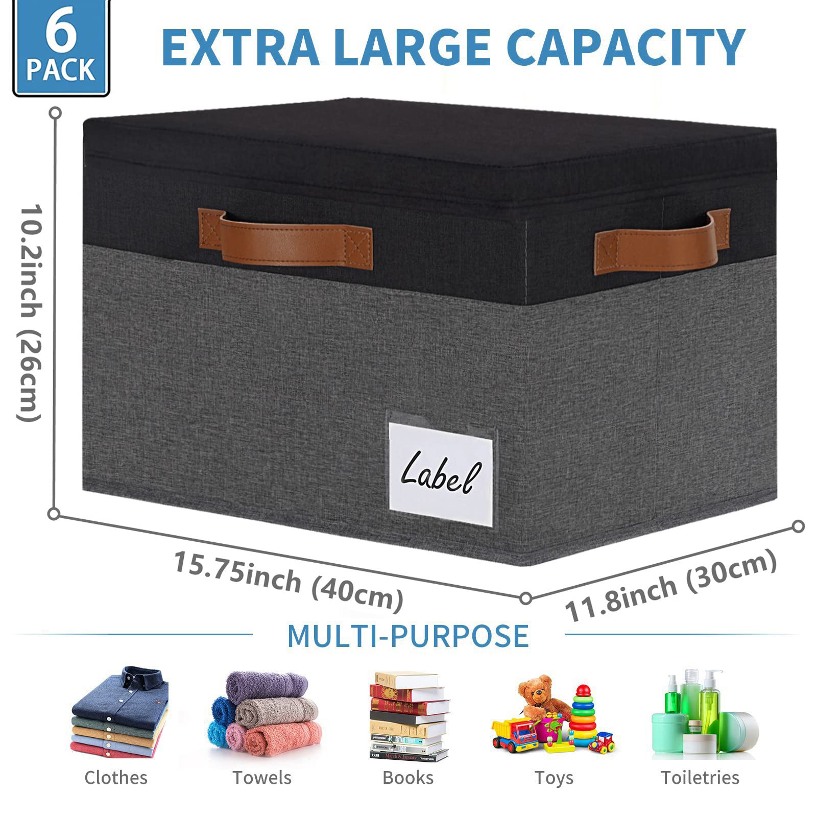 Extra Large Storage Bins with Lids 6 Pack - Foldable Fabric Storage Boxes with 3 Leather Handles & Label Window (15.75x11.8x10.2, Grey&Black) | Perfect for Closet Organization, Toy Storage & Home Decor