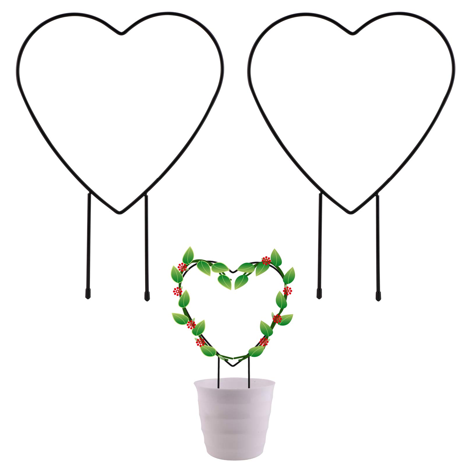 Heart-Shaped Metal Garden Trellis for Climbing Plants - 2 Pack 12.4 Inch Black Coated Iron Plant Support Stakes for Flowers, Vegetables & Potted Plants | Perfect for Indoor Decor, Outdoor Gardens & Vertical Gardening