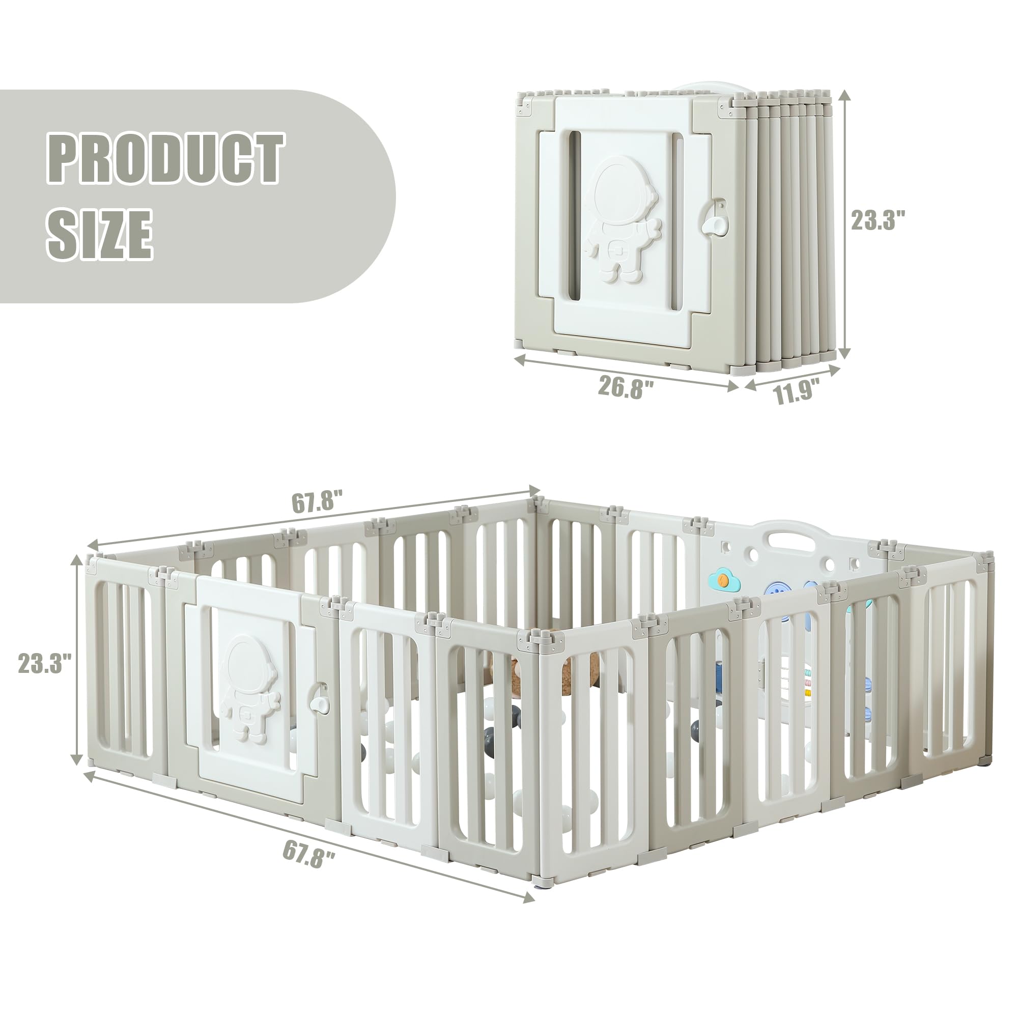 Extra Large Baby Play Pen - 18 Panels Foldable Playpen for Babies & Toddlers | Adjustable Portable Play Yard & Safety Fence | Grey Astronaut-Themed Baby Gate | Perfect for Indoor Playrooms, Daycare Centers & Home Safety