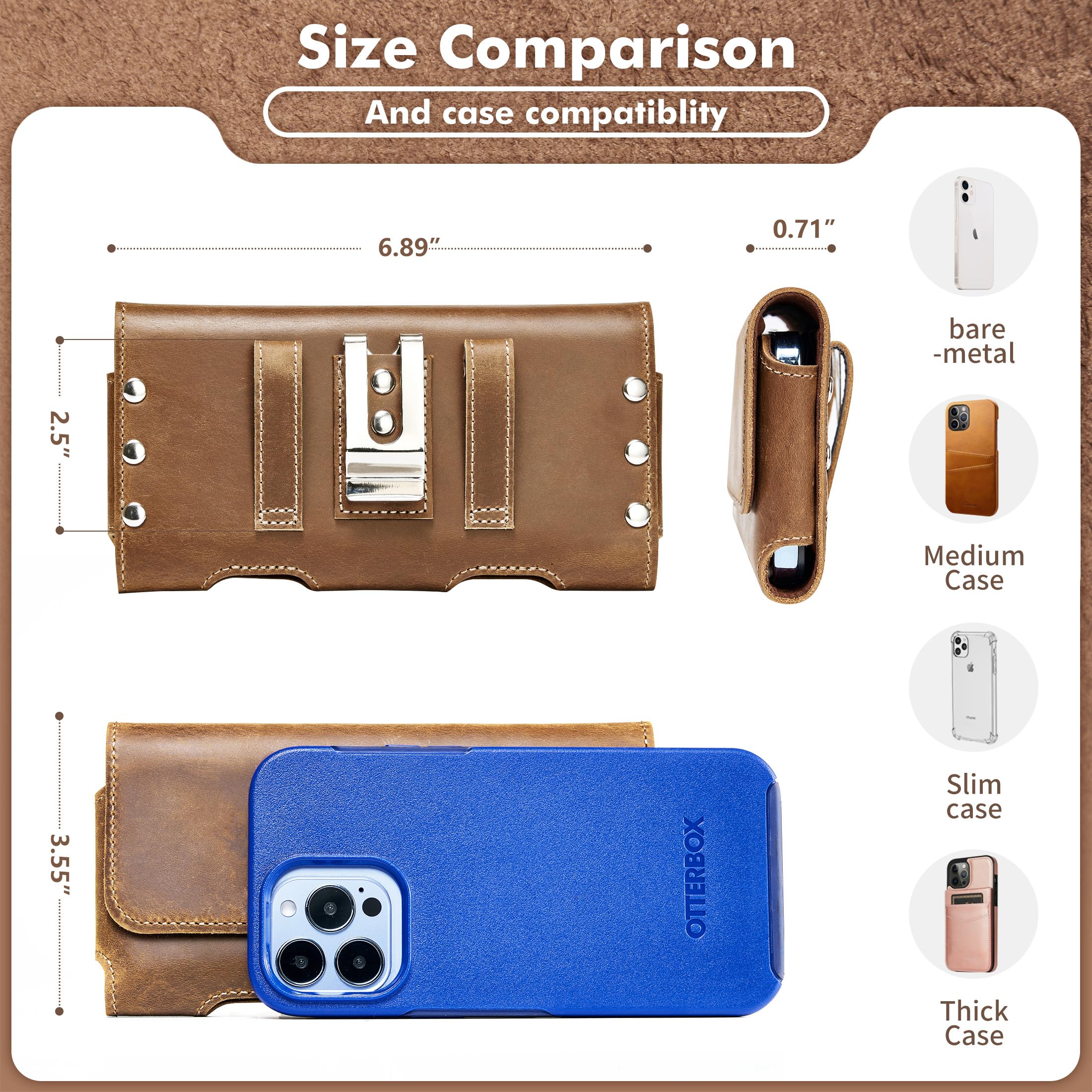 Premium Genuine Cowhide Leather Phone Holster for Samsung Galaxy S24 Ultra/S23 Ultra/Note20 Ultra - Universal XL Belt Clip Pouch Fits 6.5