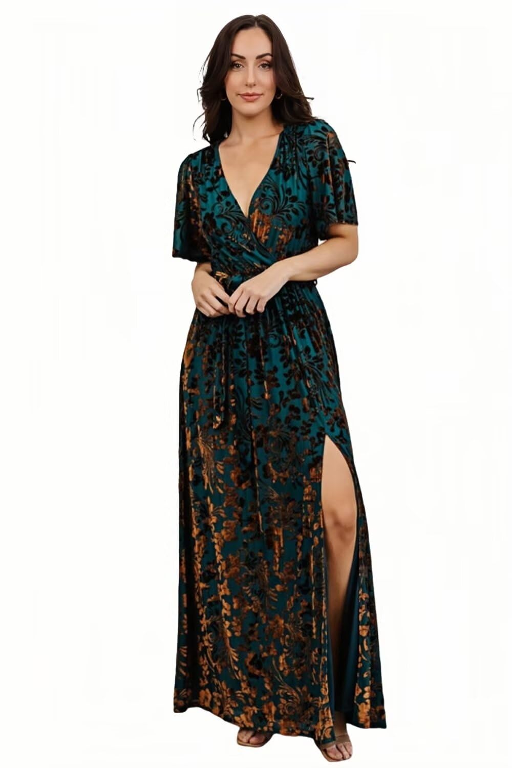 Women's Floral Velvet Wrap Dress - Short Sleeve V-Neck Cocktail & Formal Maxi Dress with Slit | Perfect for Evening Parties, Weddings & Special Occasions