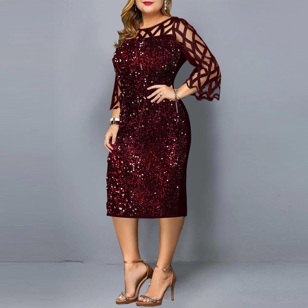 Elegant Plus Size Sequin Party Dress for Women - Midi Formal Evening Gown for Prom, Wedding & Special Occasions