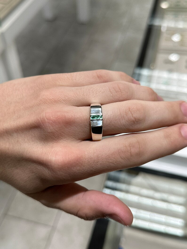0.30tcw Natural Spring Green Emerald 3 Stone Ring - Sterling Silver 925 for Men & Women | Elegant Jewelry Gift for Anniversary, Engagement & Special Occasions