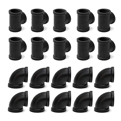 1/2 Inch Black Painted Cast Iron Pipe Fittings - 10 Elbows & 10 Tees (20 Pack) for Steampunk Decor, DIY Furniture, Shelving & Industrial Style Home Projects - Heavy Duty Threaded Pipe Connectors for Vintage Plumbing & Creative Decorations