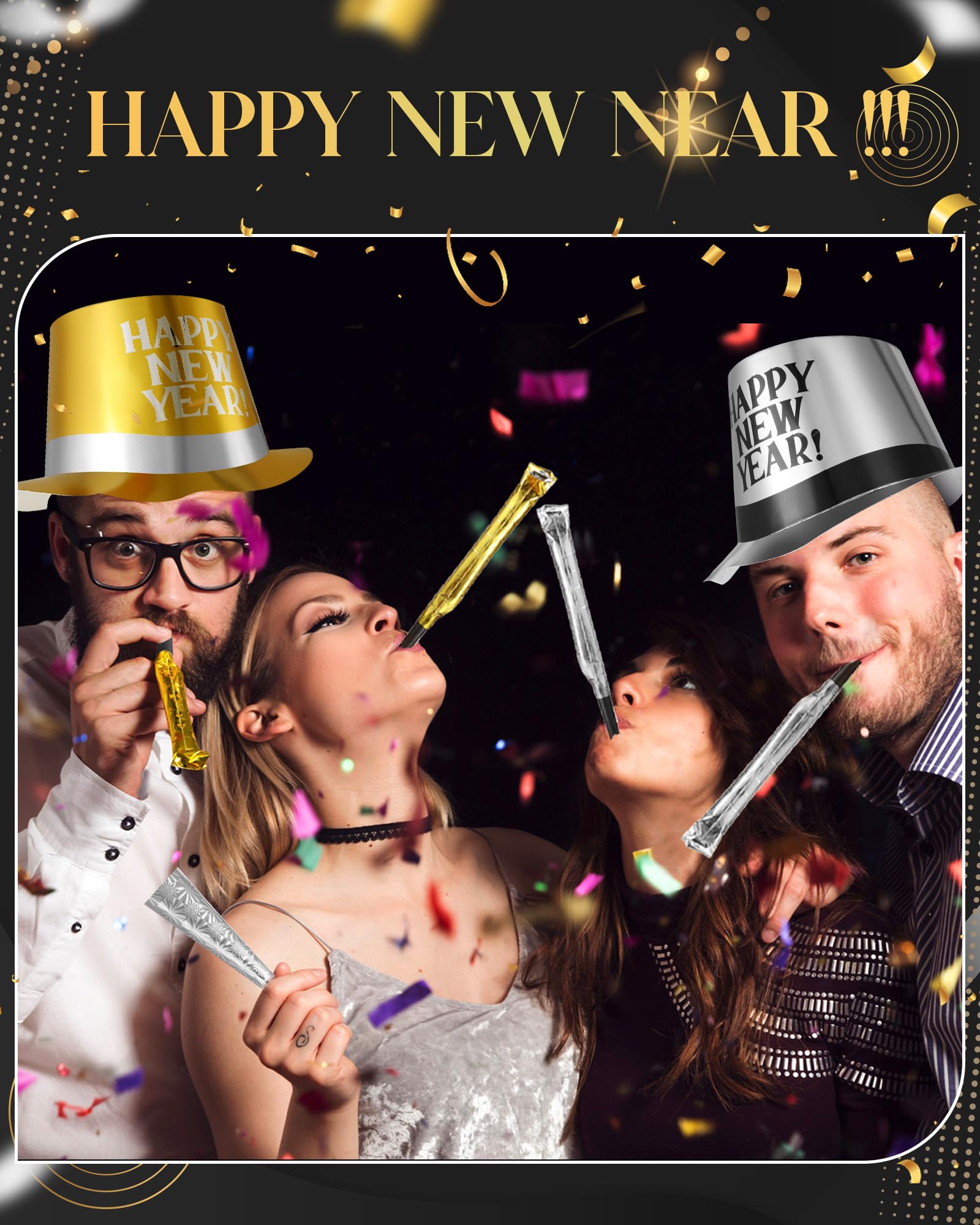 Syhood 200 Pcs New Year's Eve Party Kit 2025 - Top Hat, Headband, Tiaras & Horn Blowouts for 100 Guests | NYE Celebration, Countdown Party, Ball Drop Event Supplies