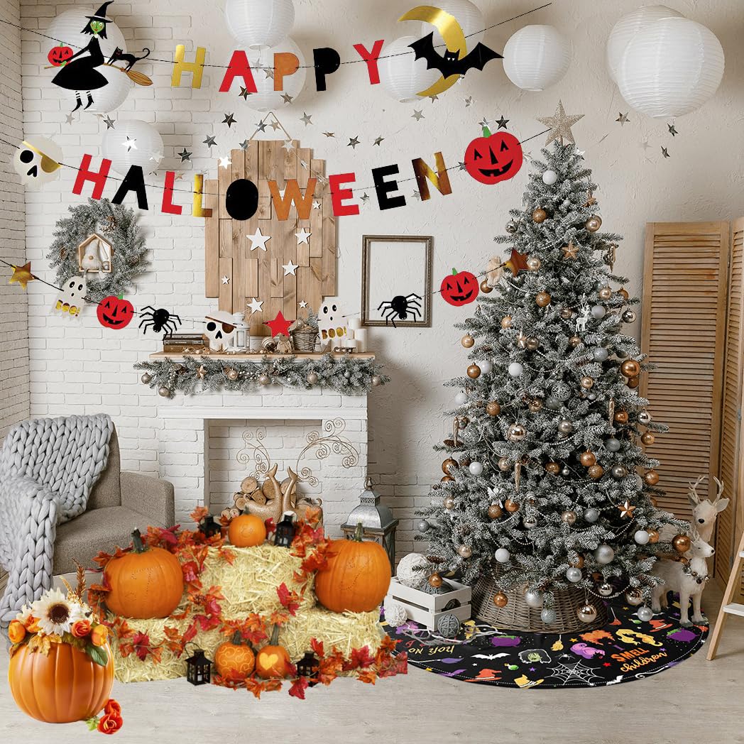 Halloween Tree Skirt with Ghost, Pumpkin & Skull Designs - 36 Inch Christmas Tree Mat for Holiday Decorations | Perfect for Xmas Party, Festive Yard & Indoor Decor