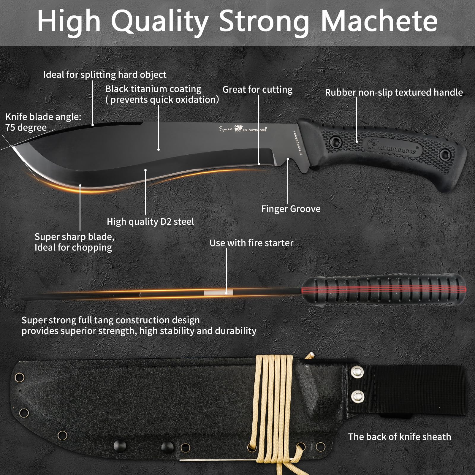 HX Outdoors 14 Inch D2 Steel Bush Machete Kukri Knife - Full Tang Survival Knife with Kydex Sheath for Gardening, Camping, Hiking & Brush Clearing | Heavy Duty Outdoor Tool for Wilderness Survival & Yard Work (Black)