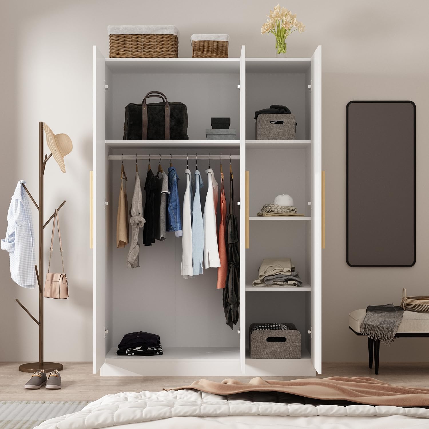 MOUMON 3-Door Wardrobe Closet with Hanging Rod & Cube Shelves, White Storage Cabinet for Bedroom (18.9