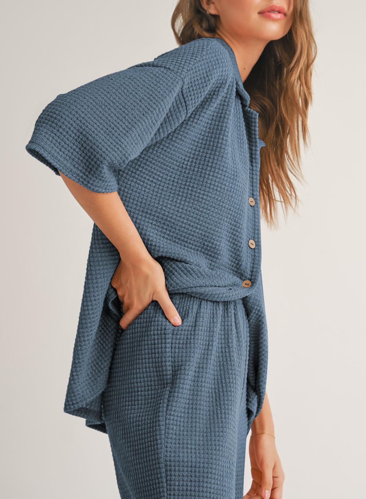 SHEWIN Women's 2 Piece Waffle Knit Lounge Set - Soft Short Sleeve Button Down Sleepwear & Pajama Outfit for Home, Travel & Relaxation | Comfortable Casual Loungewear Set