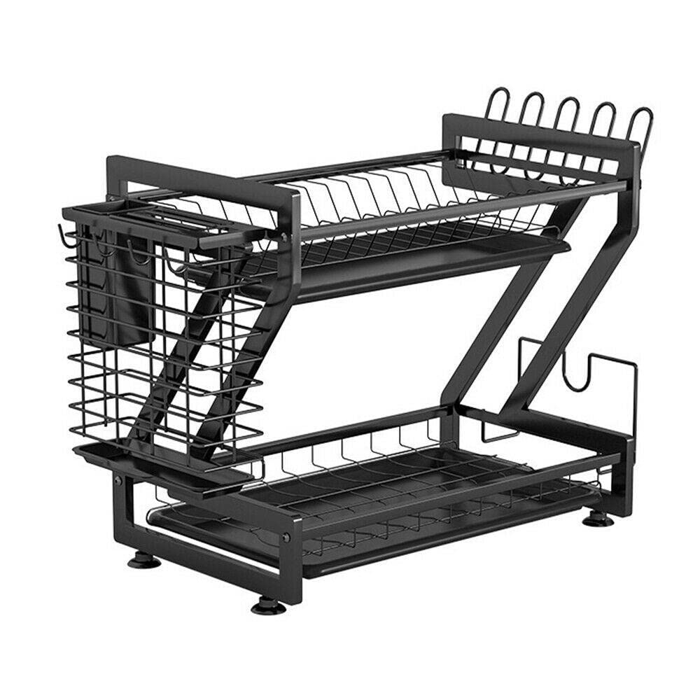 2-Tier Dish Drying Rack with Drain Board & Cutlery Holder - Space Saving Kitchen Countertop Organizer for Utensils, Plates and Cups - Perfect for Small Kitchens, Apartments and RVs