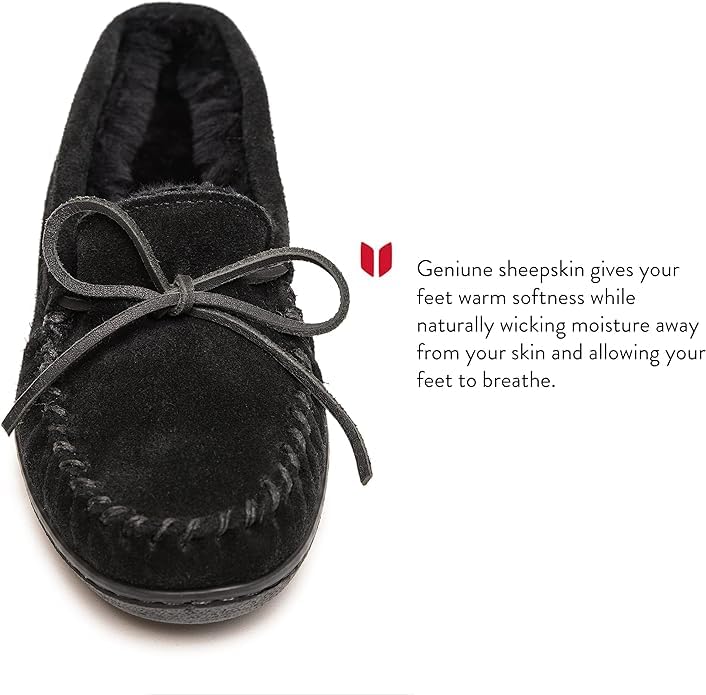 Minnetonka Men's Sheepskin Hardsole Moccasin Slippers - Soft Indoor/Outdoor House Shoes for Comfort & Warmth - Black, Size 12 M - Perfect for Home, Office & Casual Wear