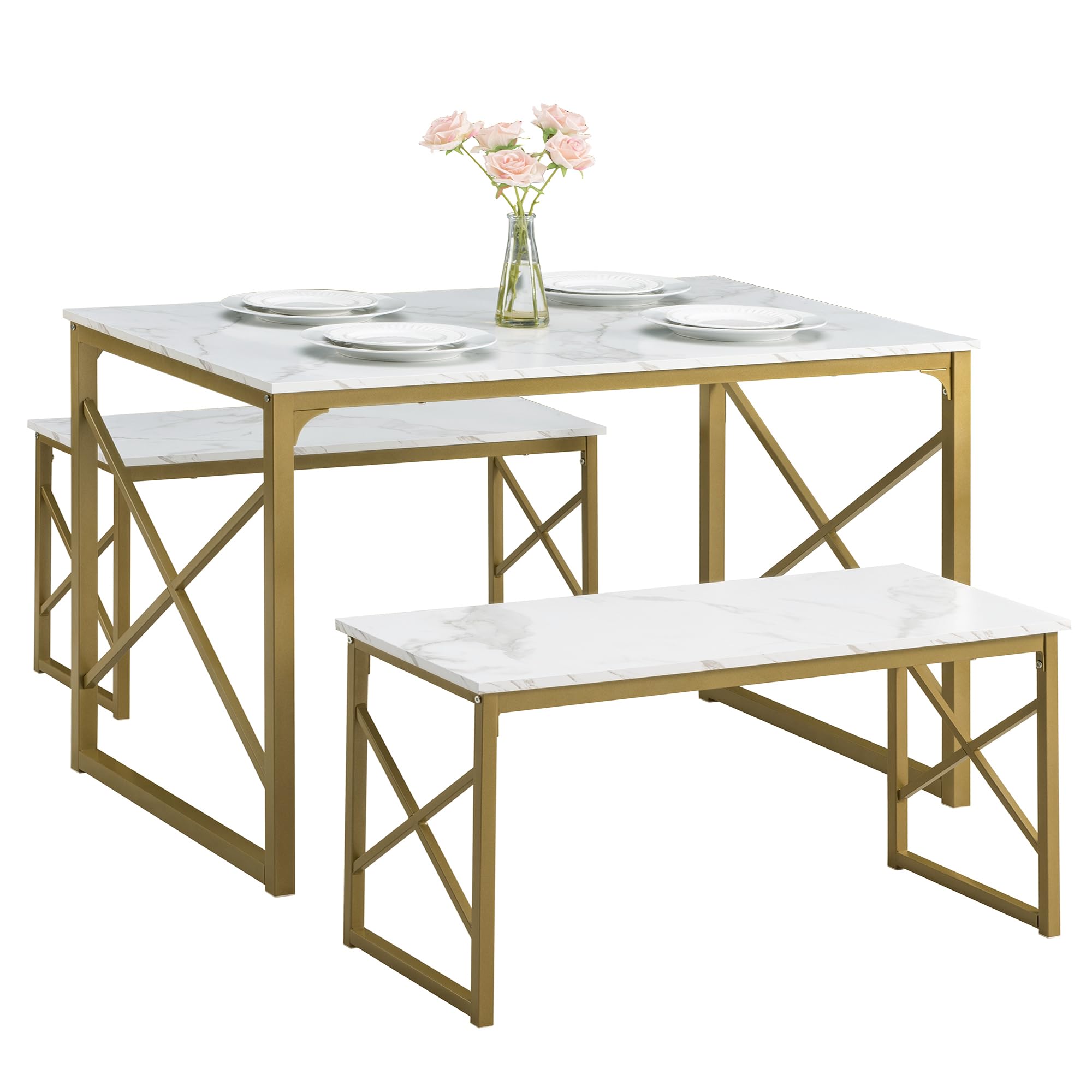 VECELO 4-Person Wooden Kitchen Table Set with 2 Benches - Metal Frame Dining Room Furniture for Small Spaces | Perfect for Breakfast Nook, Apartment Dining & Compact Homes
