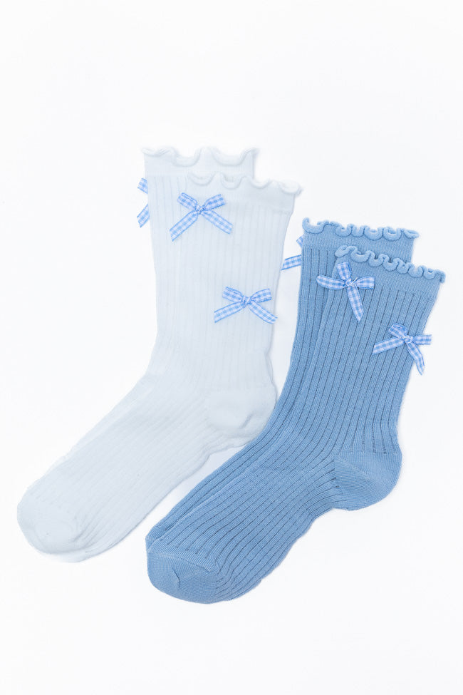 Cute White and Blue Gingham Bow Socks Set - 3 Pairs of Stylish Ankle Socks for Women - Perfect for Casual Outfits, Gifts, and Everyday Wear