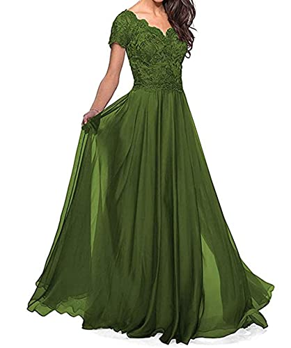 BTgirl Elegant Long Lace Appliques Mother of The Bride Dress - Chiffon A-Line Formal Gown with Short Sleeves for Wedding, Special Occasions & Evening Events