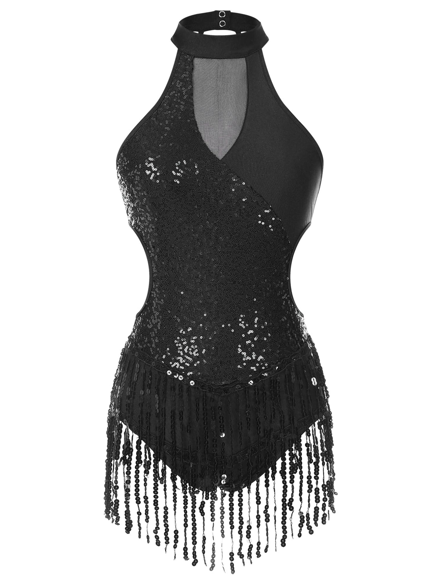 FEESHOW Women's Shiny Sequin Fringe Leotard - Latin Dance Costume, Jazz Dance Top with Tassel Bodysuit for Performance & Stage Wear