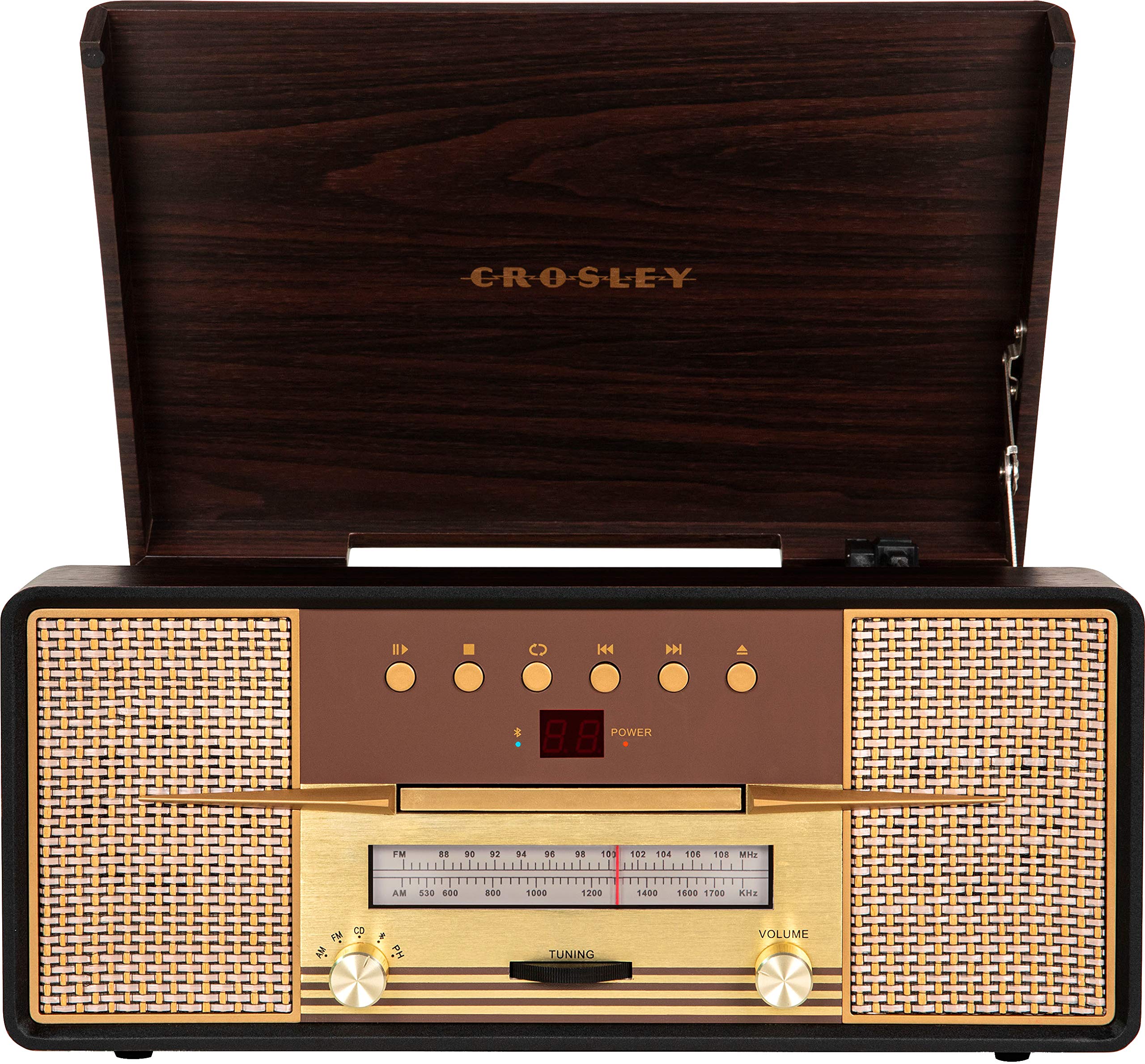 Crosley CR7016A-MA Rhapsody Vintage 3-Speed Bluetooth Turntable with AM/FM Radio, CD Player & Aux-in - Mahogany Wood Record Player for Home, Office & Music Lovers - Perfect for Vinyl Collections, Retro Decor & Entertainment