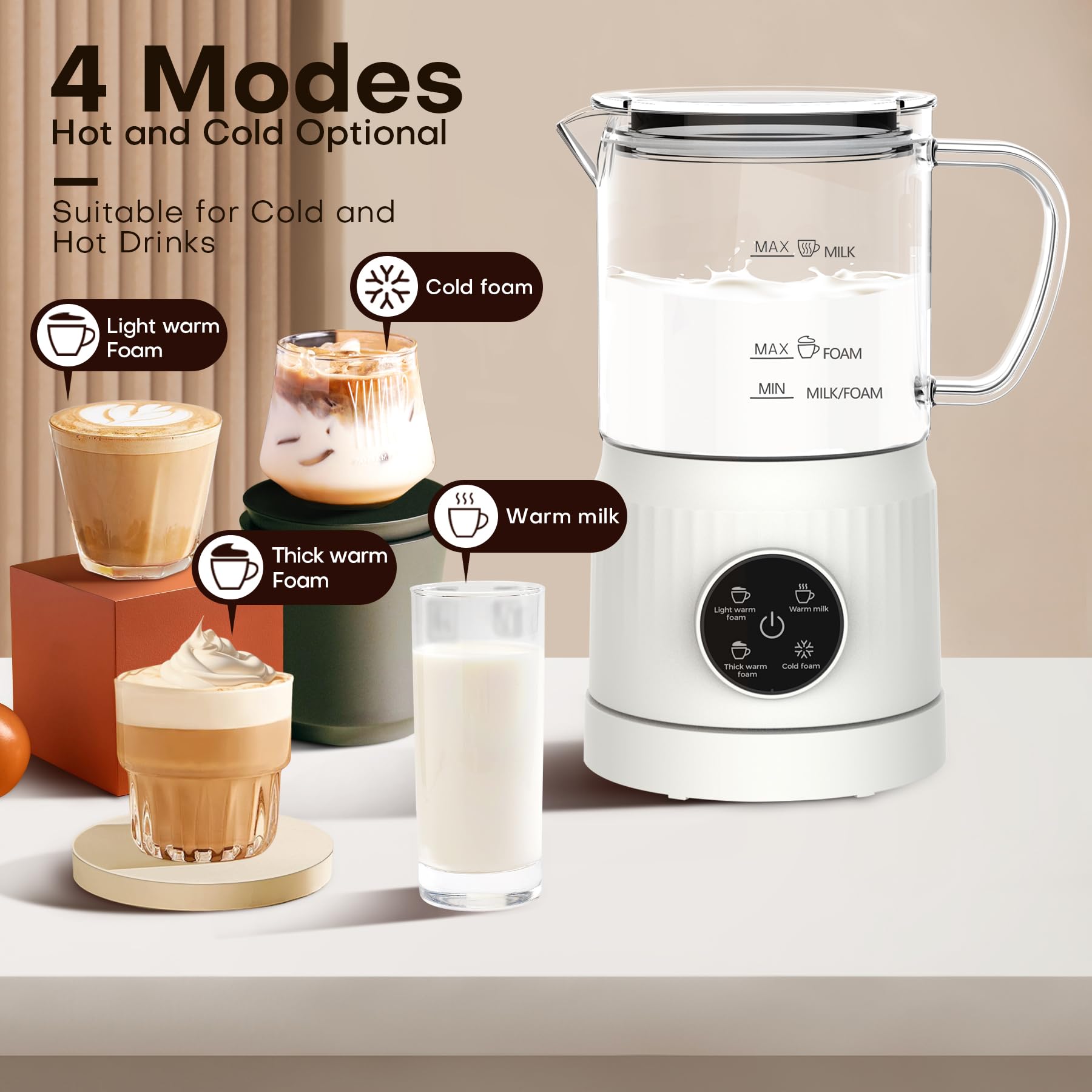4-in-1 Electric Milk Frother and Steamer with LED Touch Screen, Non-Stick Bottom, 13.52oz Milk Warmer for Lattes, Cappuccinos, Macchiatos - Perfect for Home Coffee Bar, Breakfast, and Office Use - White