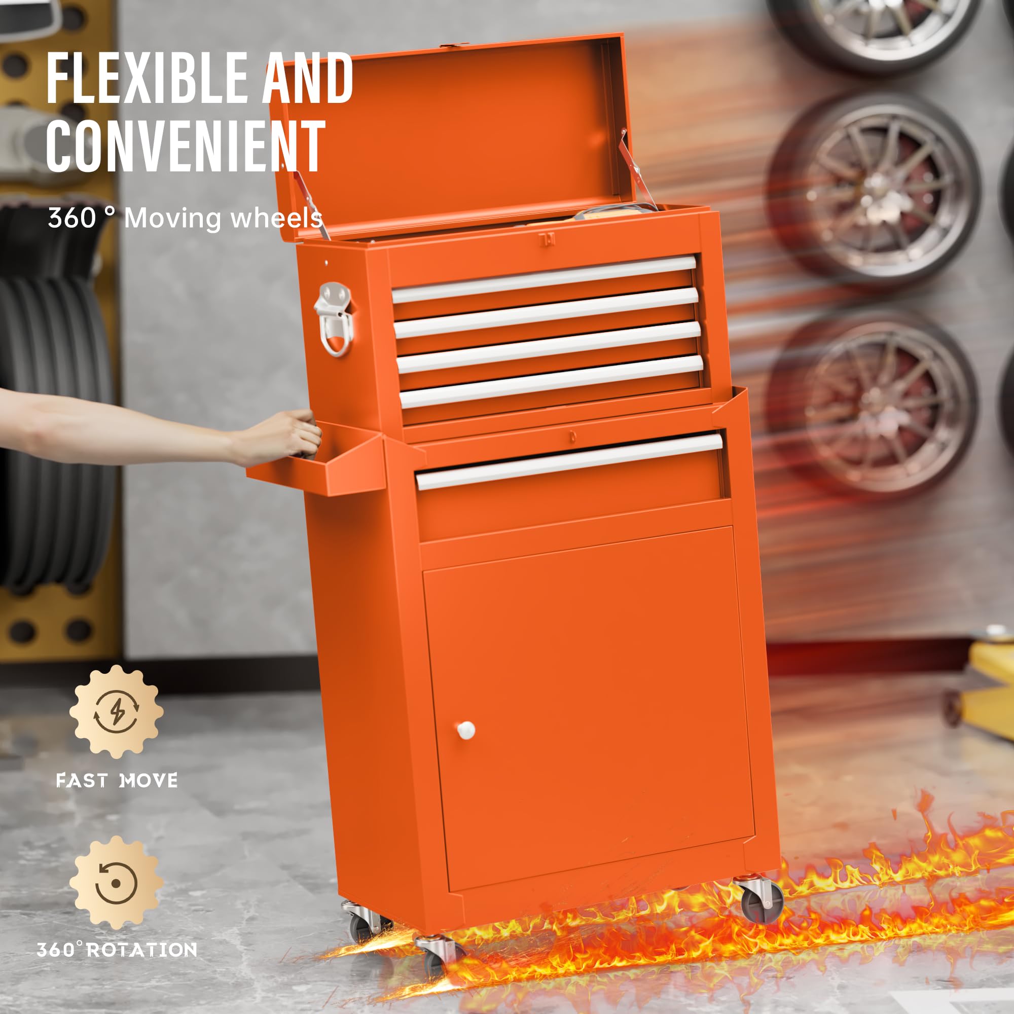 Pataku 5-Drawer Rolling Tool Chest with Wheels - Heavy Duty Metal Tool Cabinet for Garage & Workshop - Detachable Tool Box Organizer for Mechanics & DIY Projects (Orange)