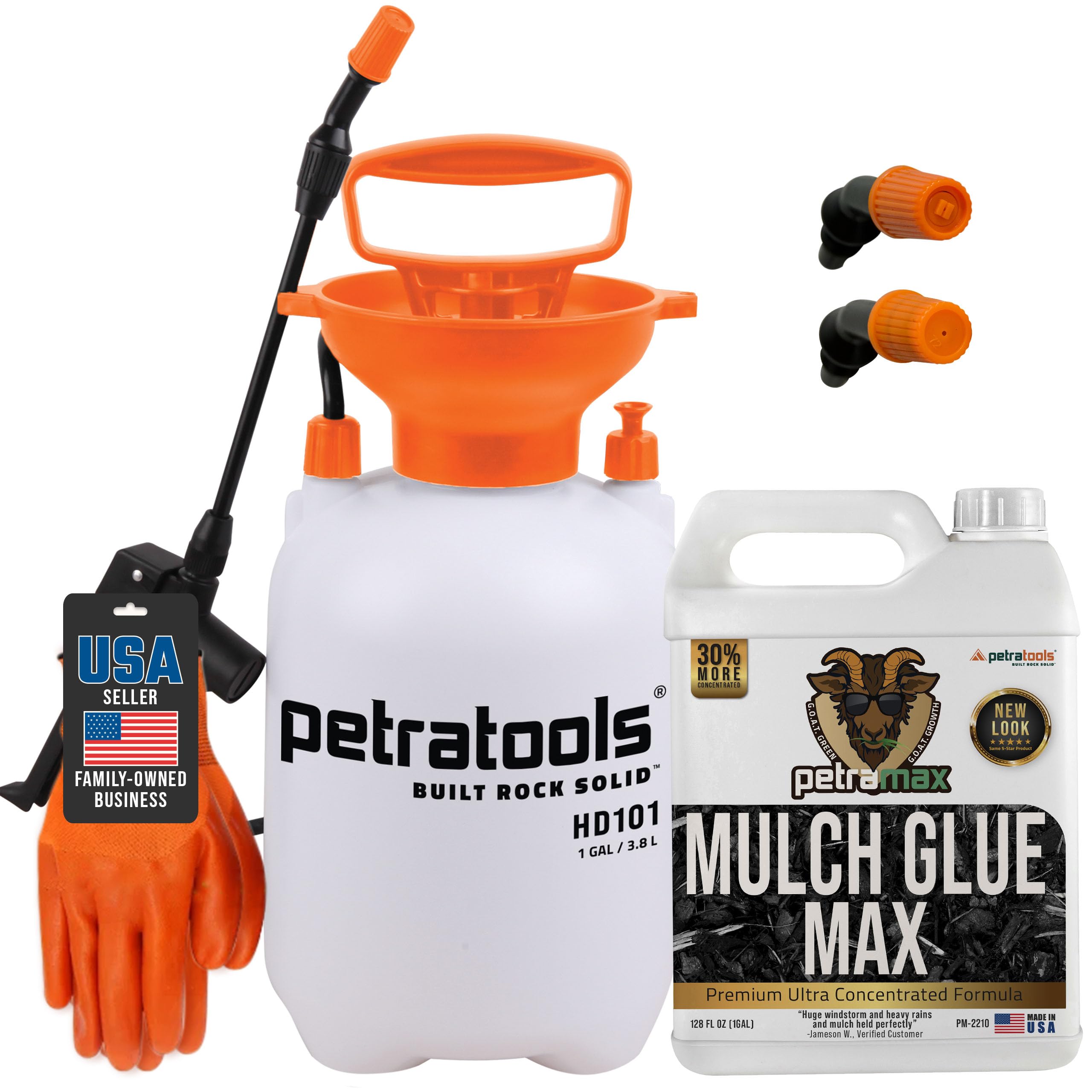 **Sticky Rock & Mulch Glue for Landscaping - 1 Gallon with Sprayer | Strong Adhesive for Gravel, Rocks & Mulch | Perfect for Driveways, Pathways & Garden Beds (Wood Max) - PetraTools HD101 Bundle**