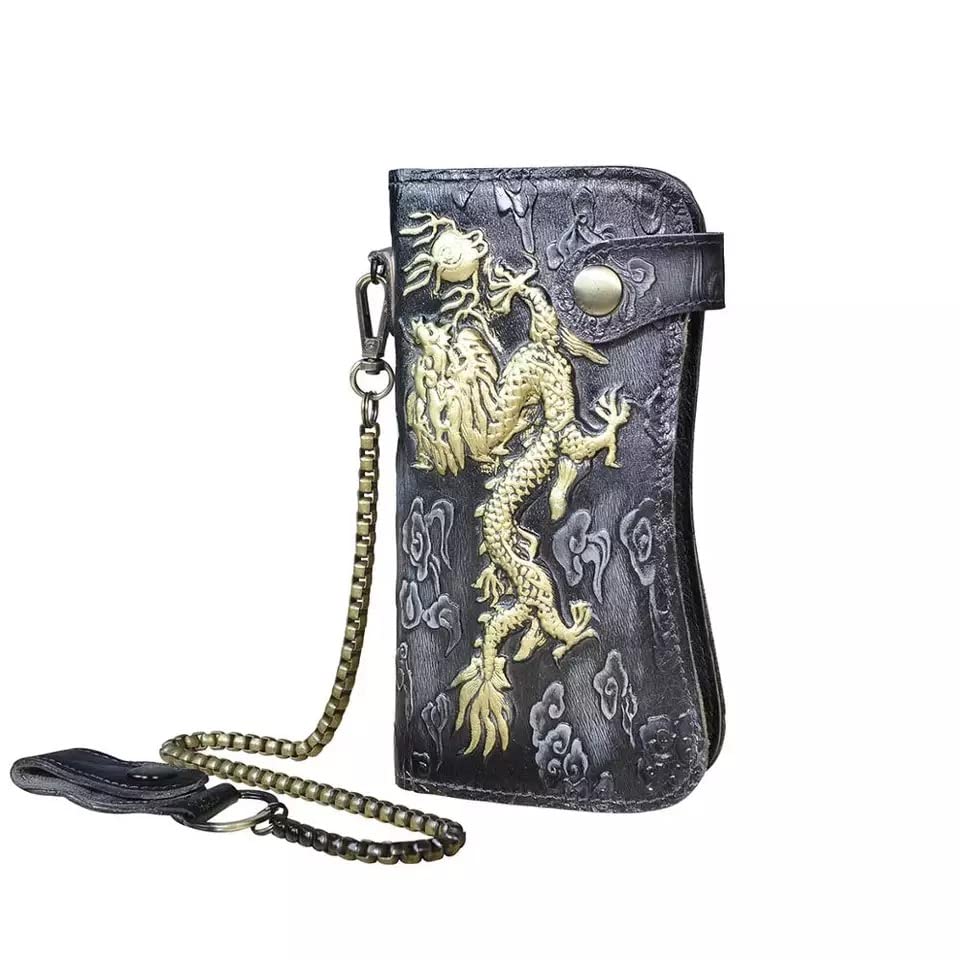 **Men's 3D Genuine Leather Biker Wallet - Handmade Carved Airbrush Art Custom Personalized Long Wallet for Everyday Use & Gifts**