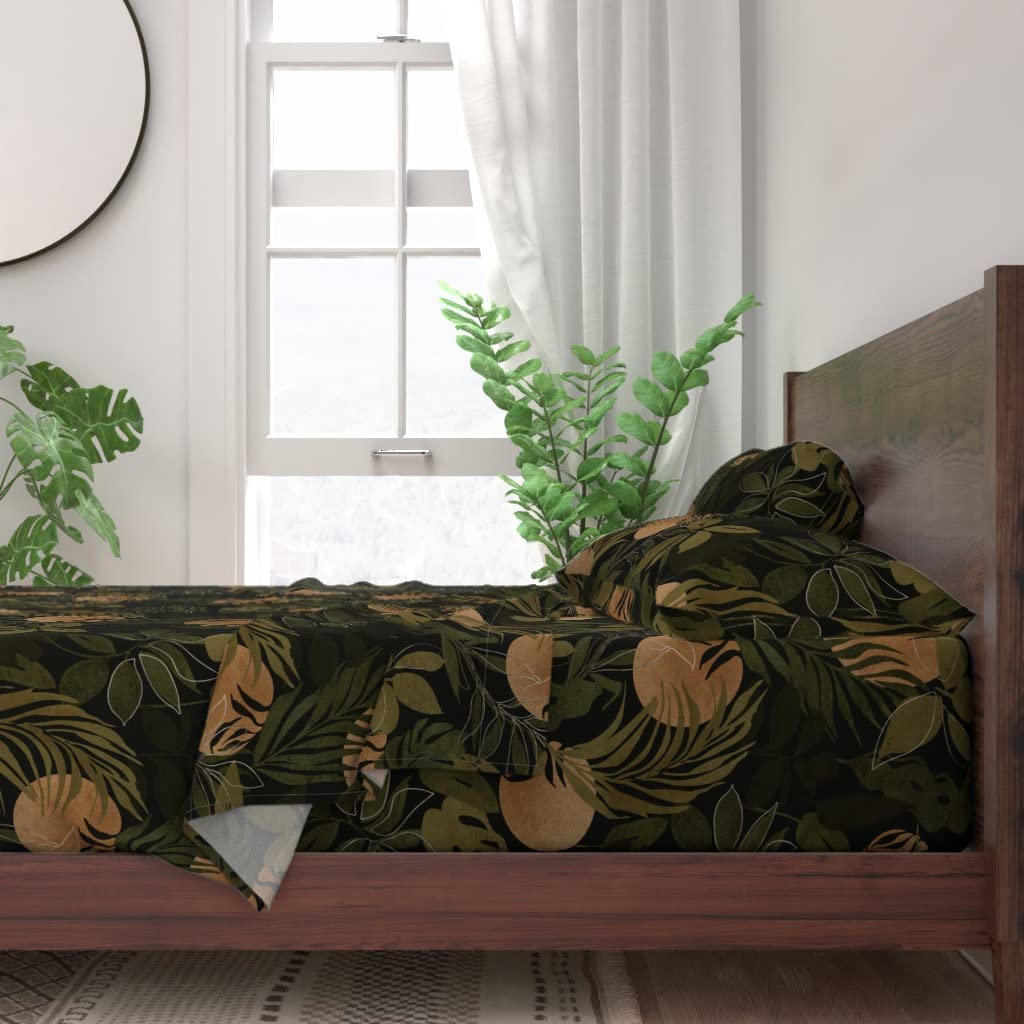 100% Cotton Queen Size 4-Piece Sheet Set | Moon Green Floral Nature Dark Night Palm Print Custom Bedding by Spoonflower – Perfect for Bohemian Bedrooms & Nature-Inspired Home Decor