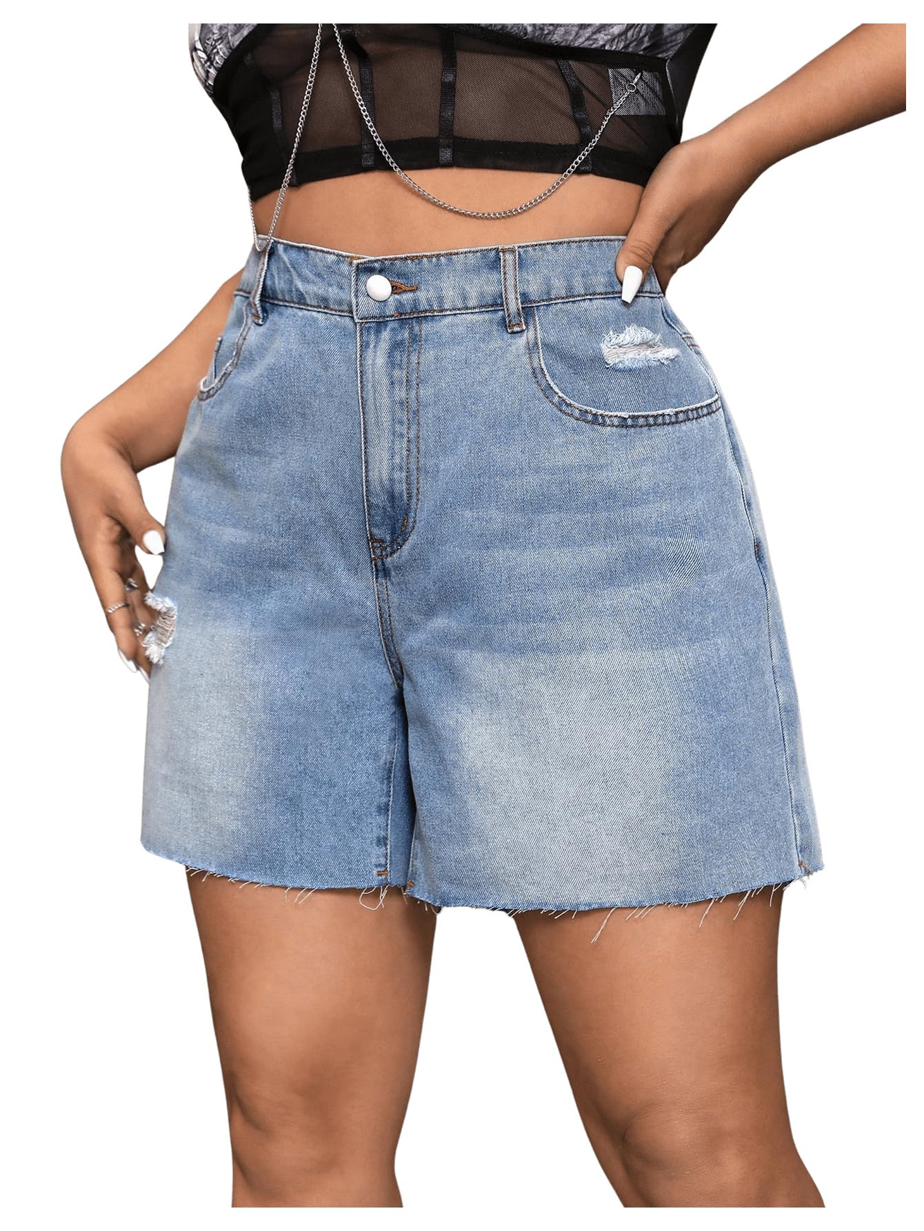 MakeMeChic Women's Plus Size High Waisted Ripped Raw Hem Denim Bermuda Shorts - Stylish & Comfortable Summer Casual Shorts for Outfits, Beach, Travel & Daily Wear