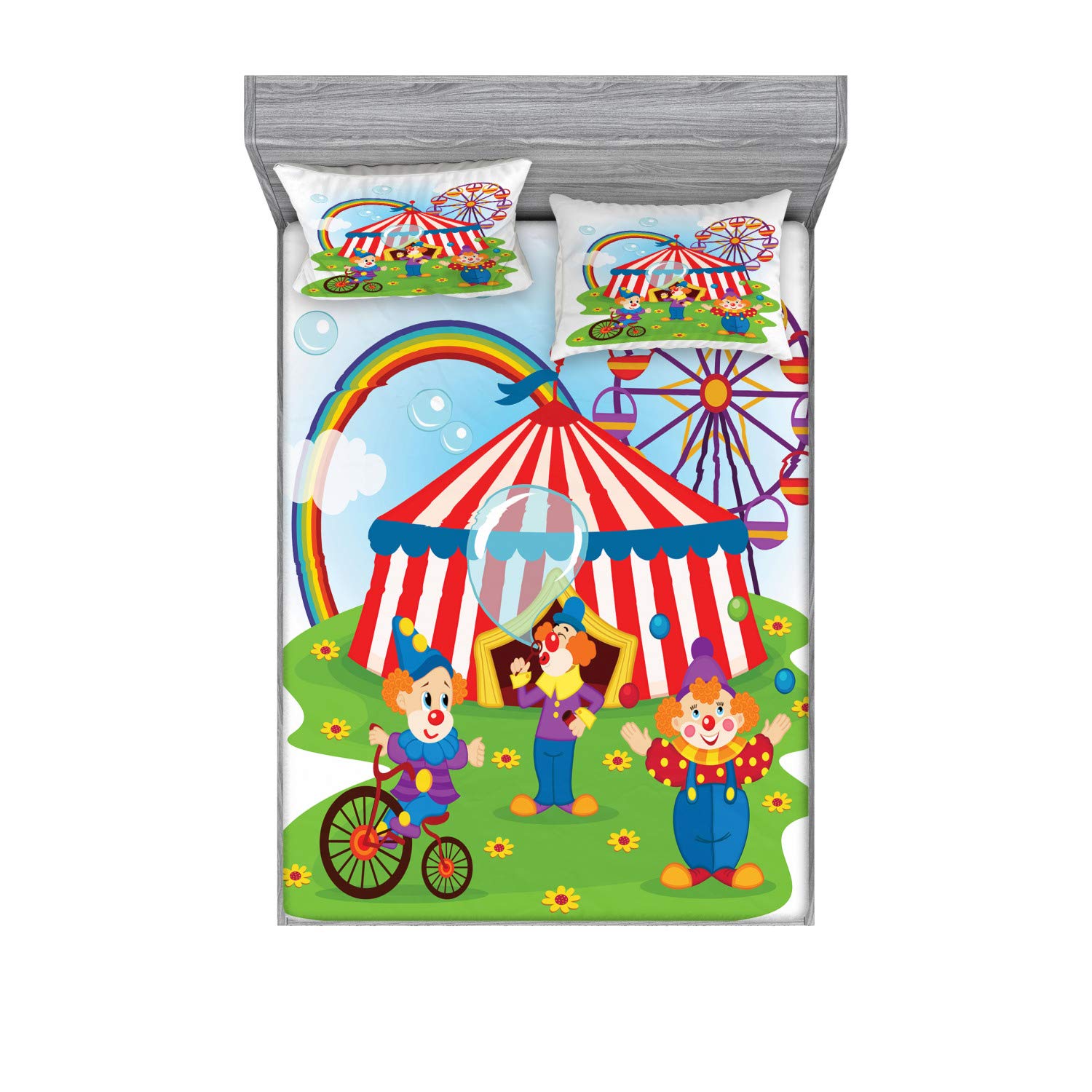 Ambesonne Circus Themed 3-Piece Bedding Set - Full Size Fitted Sheet & Pillow Sham with Colorful Clowns, Ferris Wheel & Bubbles Design - Vibrant Printed Decor for Kids' Room, Nursery or Themed Bedroom - Perfect for Childhood Memories & Circus Lovers