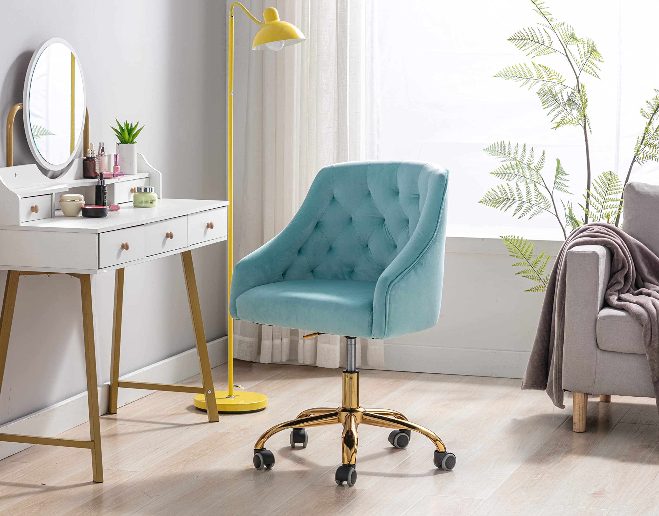 Ergonomic Modern Home Office Chair - Adjustable Swivel Desk Chair with Wheels, Velvet Upholstery for Living Room & Bedroom - Light Blue (Perfect for Work, Study & Makeup Vanity)