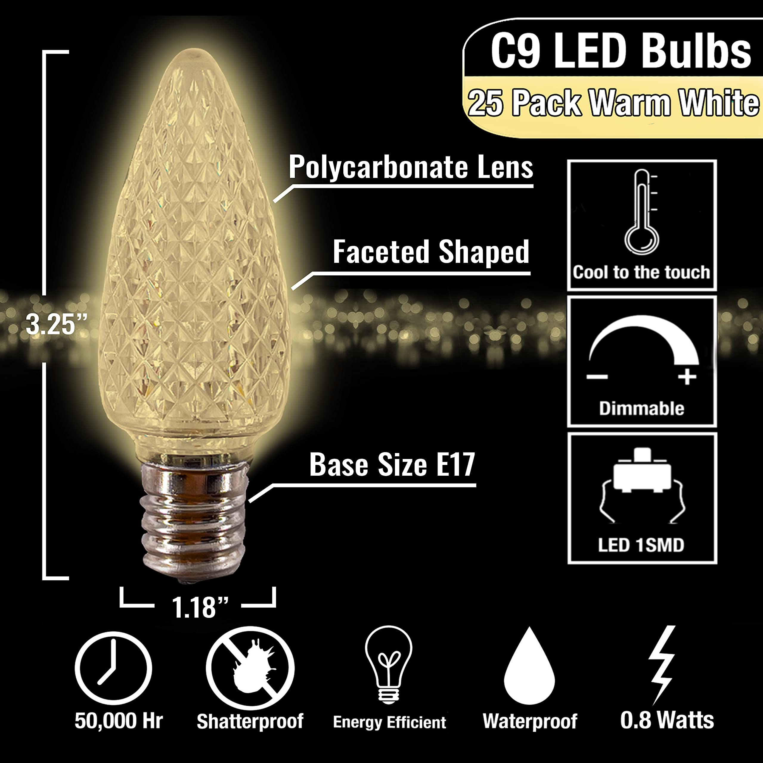 C9 LED Christmas Lights Bulbs - 25 Pack Warm White Faceted Candle Shape E17 Base Replacement Bulbs for Indoor/Outdoor Holiday Decorations, Roof Lights, and Commercial Displays
