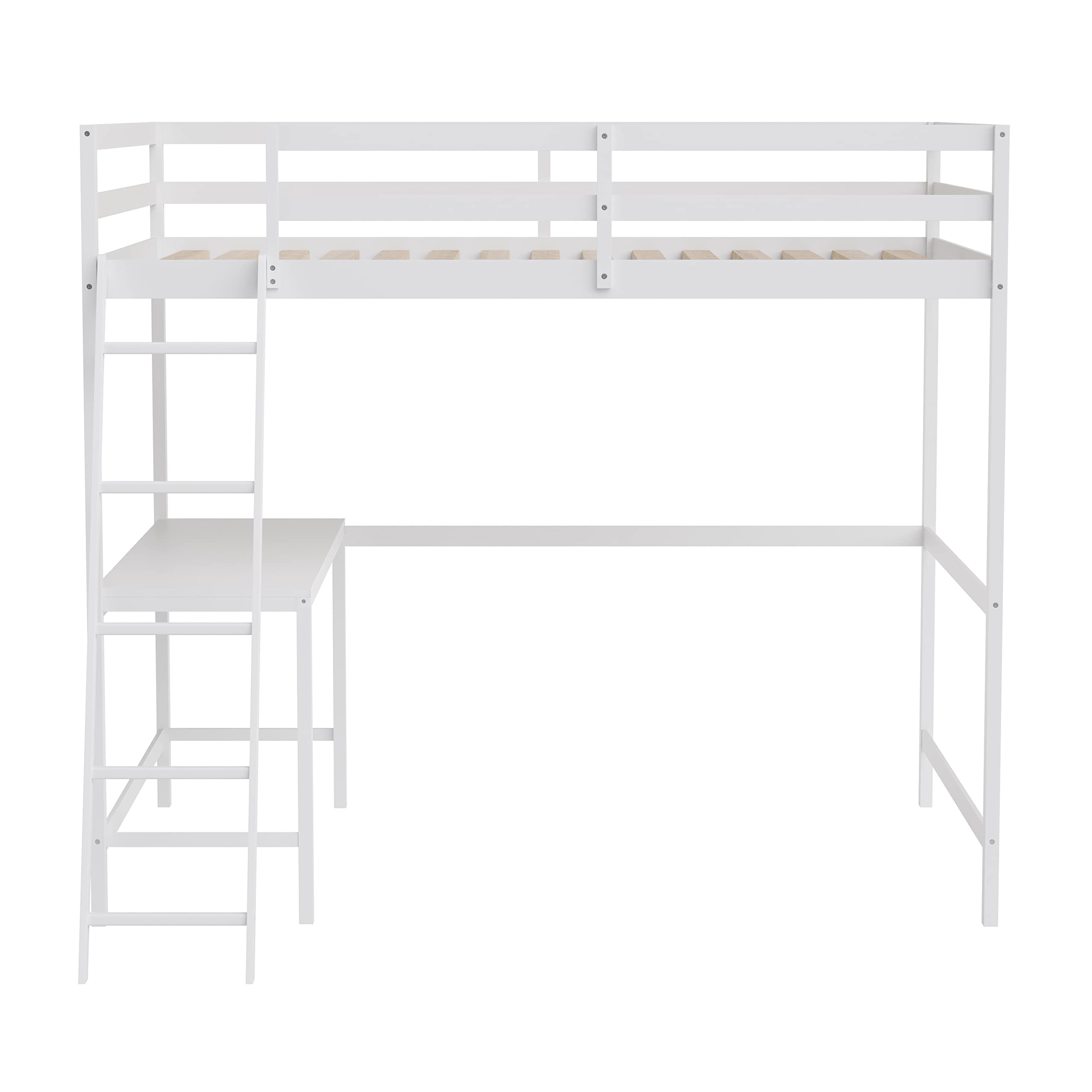 White Full Size Loft Bed Frame with Desk & Wood Slats - Sturdy Protective Guard Rails & Space-Saving Ladder - Perfect for Kids & Teens Bedrooms - Ideal for Small Spaces & Dorm Rooms
