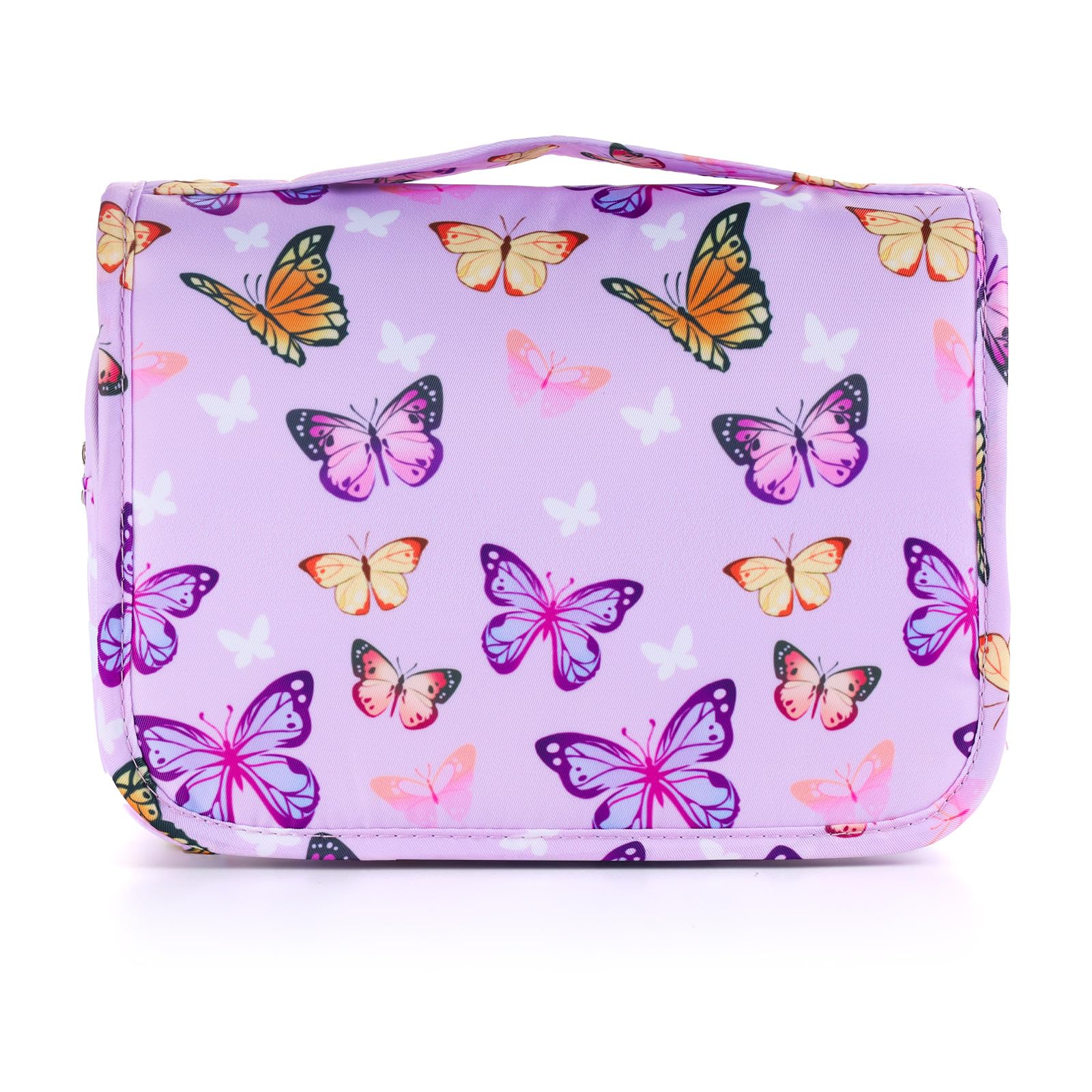 Waterproof Hanging Toiletry Bag for Girls - Butterfly Purple Travel Cosmetic Organizer | Kids Wash Bag for Toddler Travel, School & Sleepovers | Portable Makeup Storage for Bathroom & Vacation