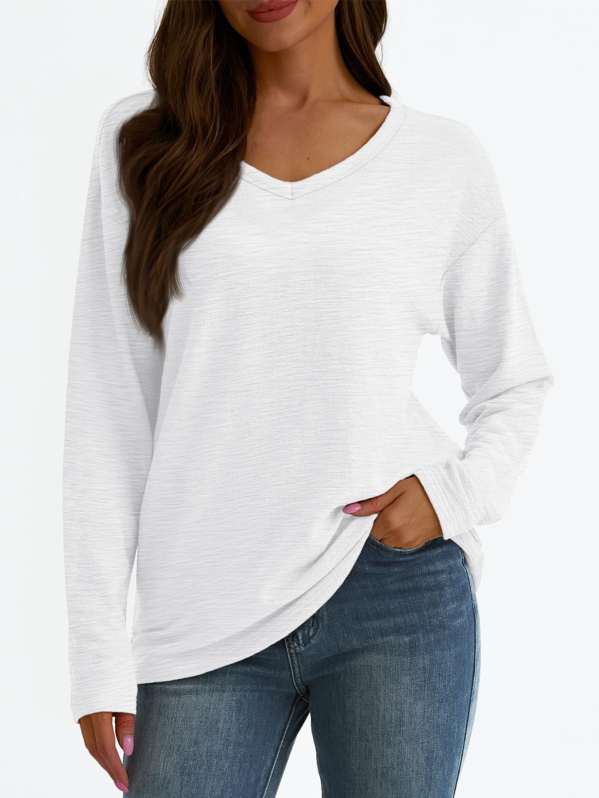 AUTOMET Women's Long Sleeve Oversized V-Neck Cotton T-Shirt - Soft Lightweight Pullover Top for Casual Wear, Loungewear & Everyday Outfits (2025 Collection)